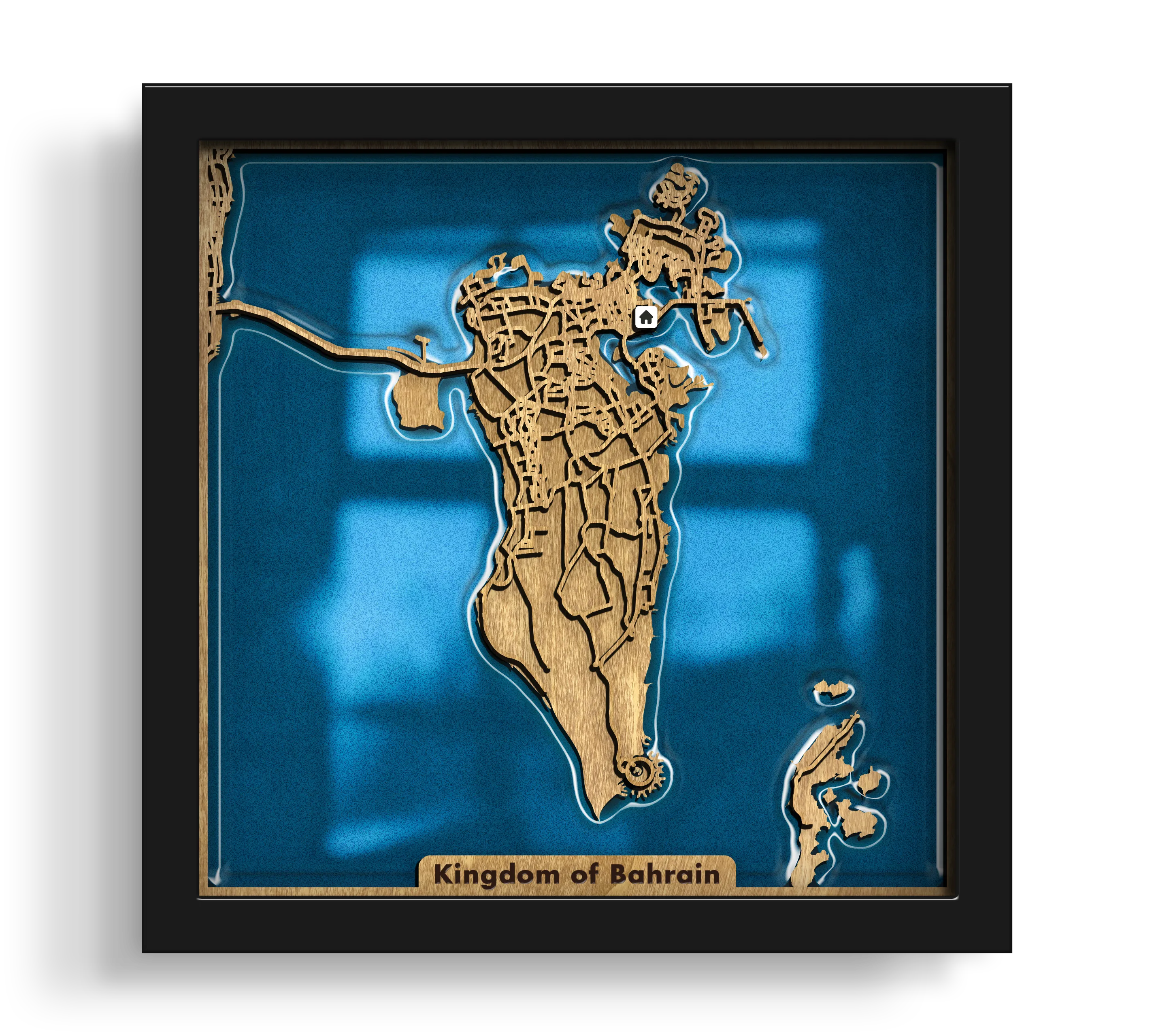 Handcrafted Custom City Maps layered wooden wall art in a black frame.