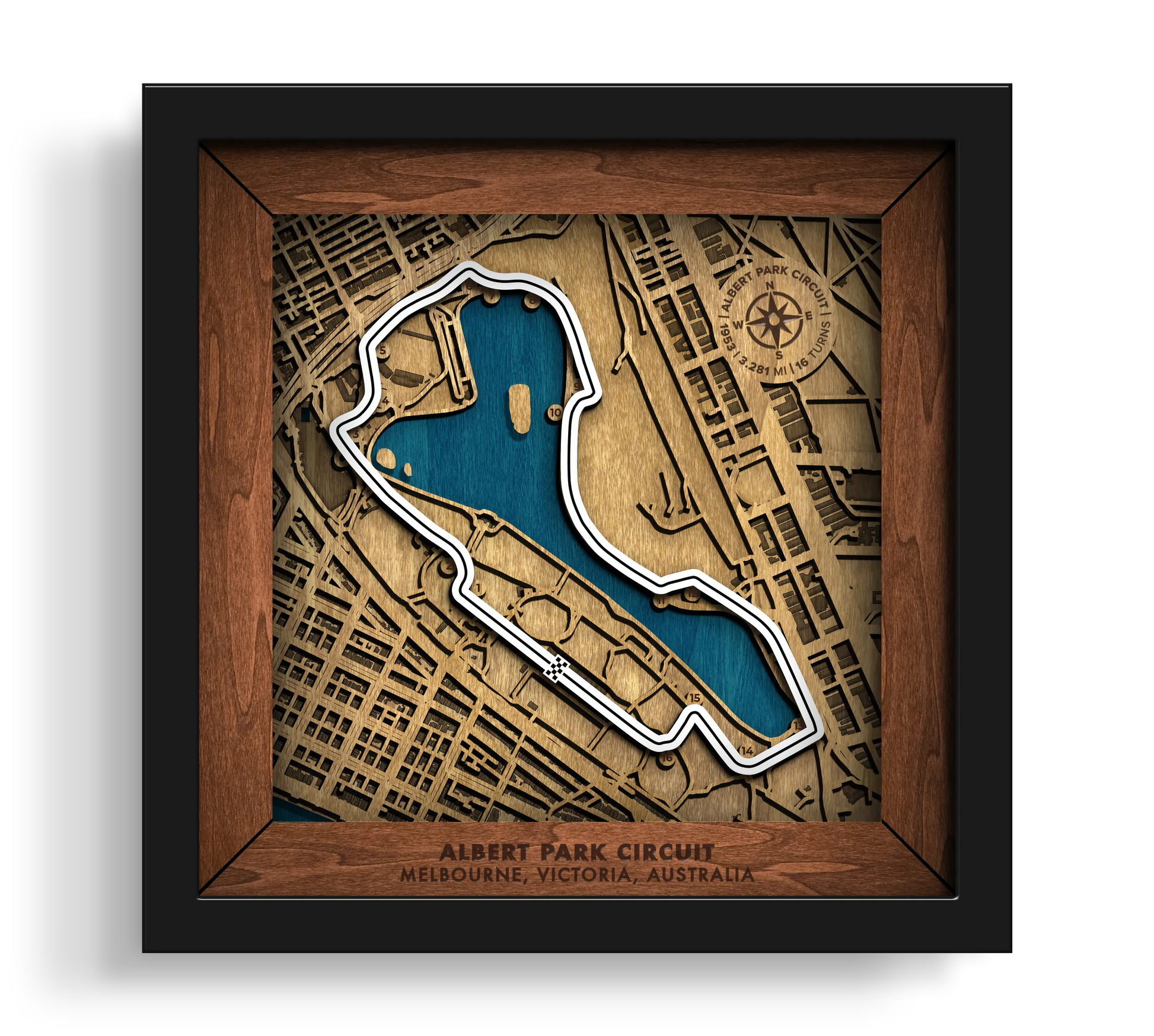 Handcrafted Albert Park Circuit layered wooden racetrack wall art in a black frame.