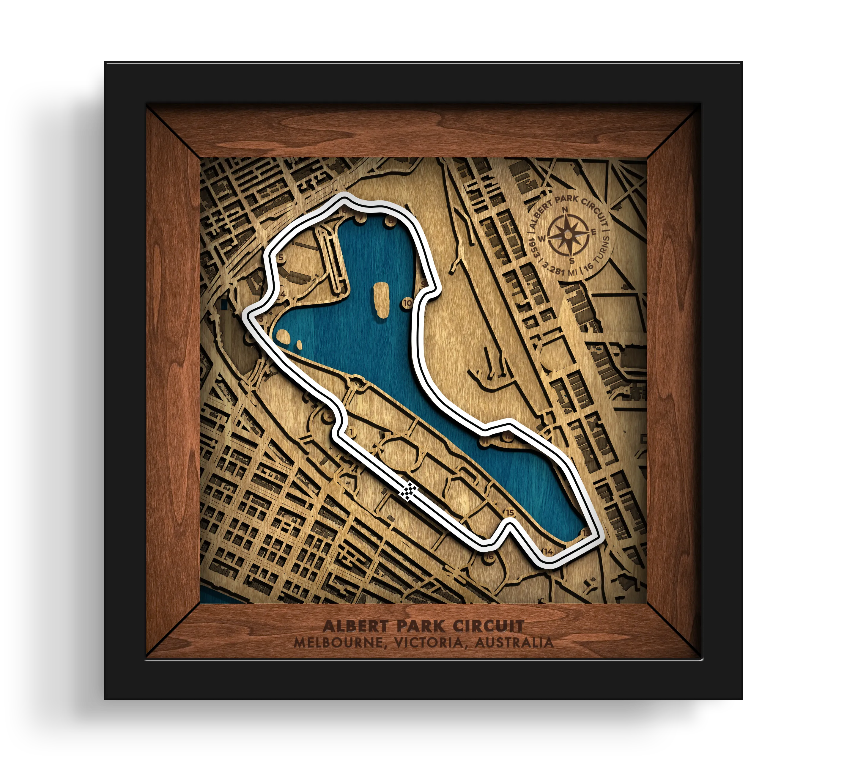 Handcrafted Albert Park Circuit layered wooden racetrack wall art in a black frame.