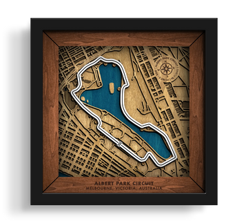 Handcrafted Albert Park Circuit layered wooden racetrack wall art in a black frame.