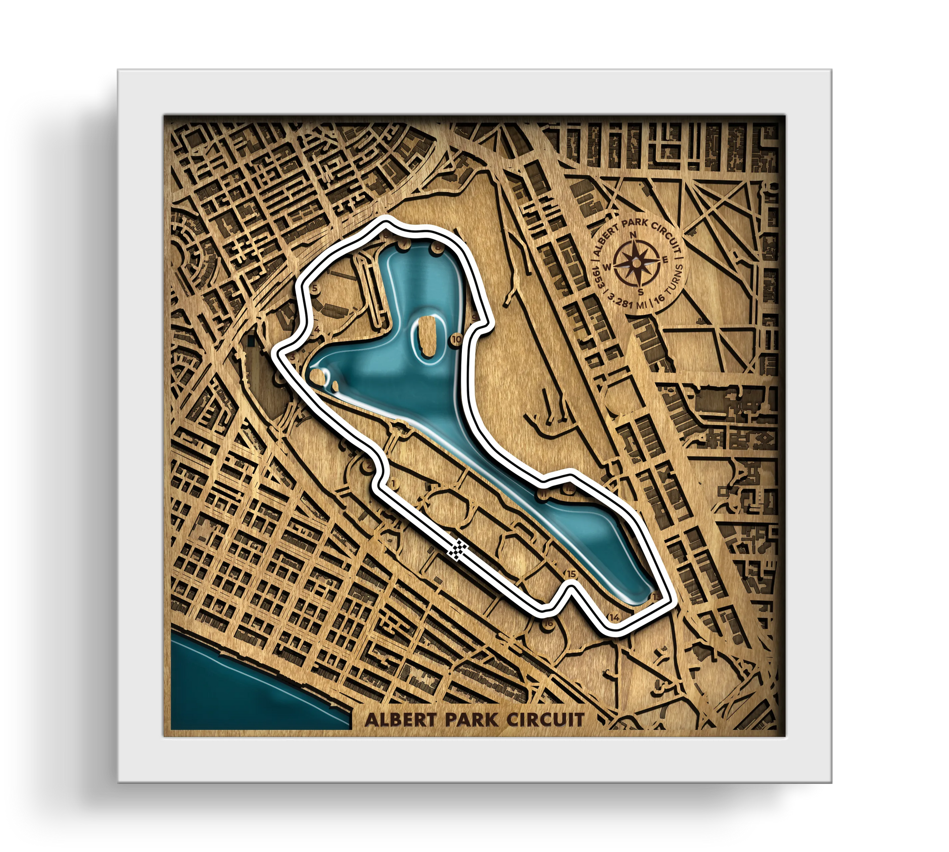 Handcrafted Albert Park Circuit layered wooden racetrack wall art with an epoxy resin finish in a white frame.
