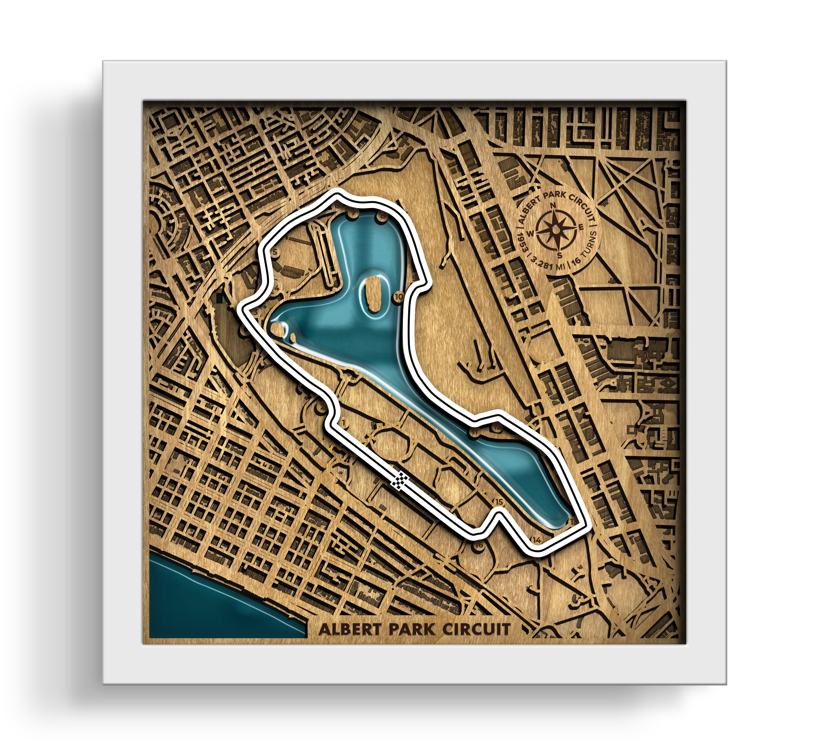 Handcrafted Albert Park Circuit layered wooden racetrack wall art with an epoxy resin finish in a white frame.