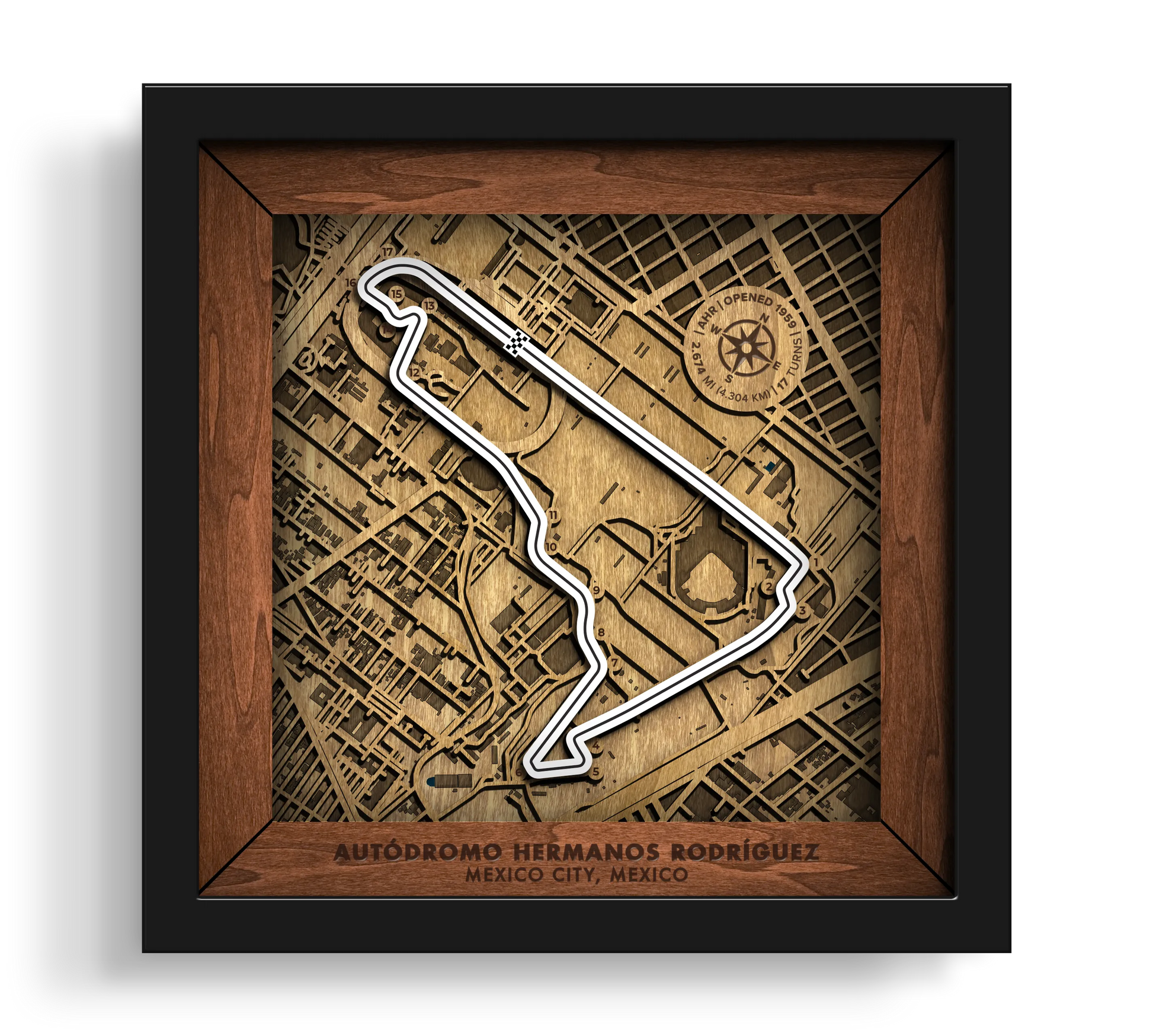 Handcrafted Aut—dromo Hermanos Rodr’guez layered wooden racetrack wall art in a black frame.