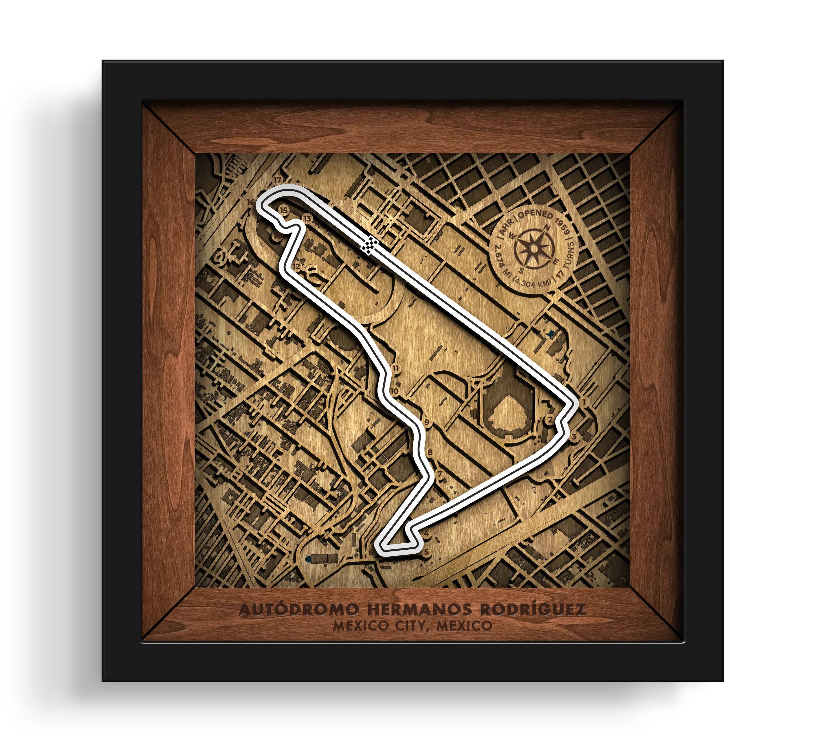 Handcrafted Aut—dromo Hermanos Rodr’guez layered wooden racetrack wall art in a black frame.