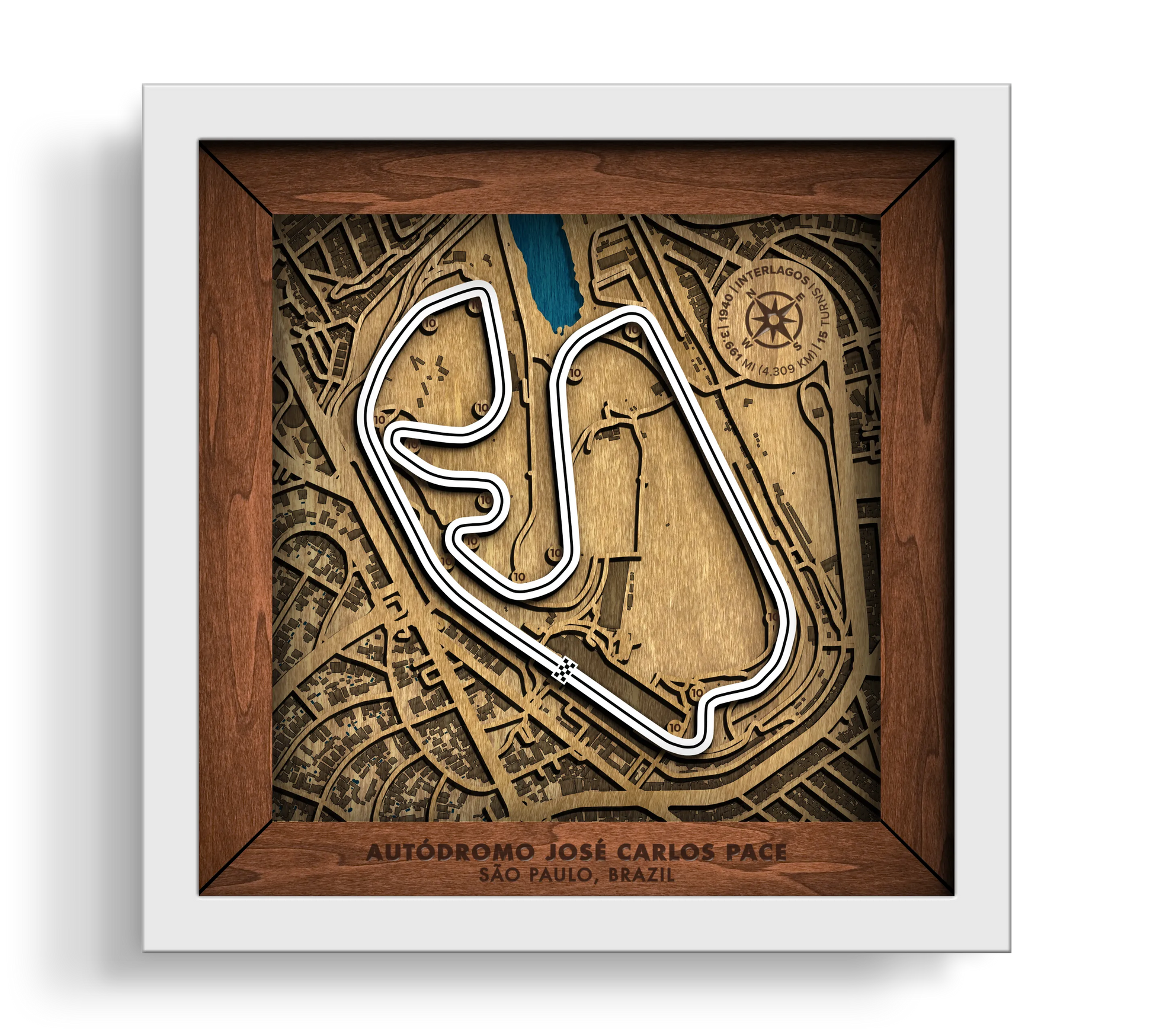 Handcrafted Aut—dromo JosŽ Carlos Pace layered wooden racetrack wall art in a white frame.