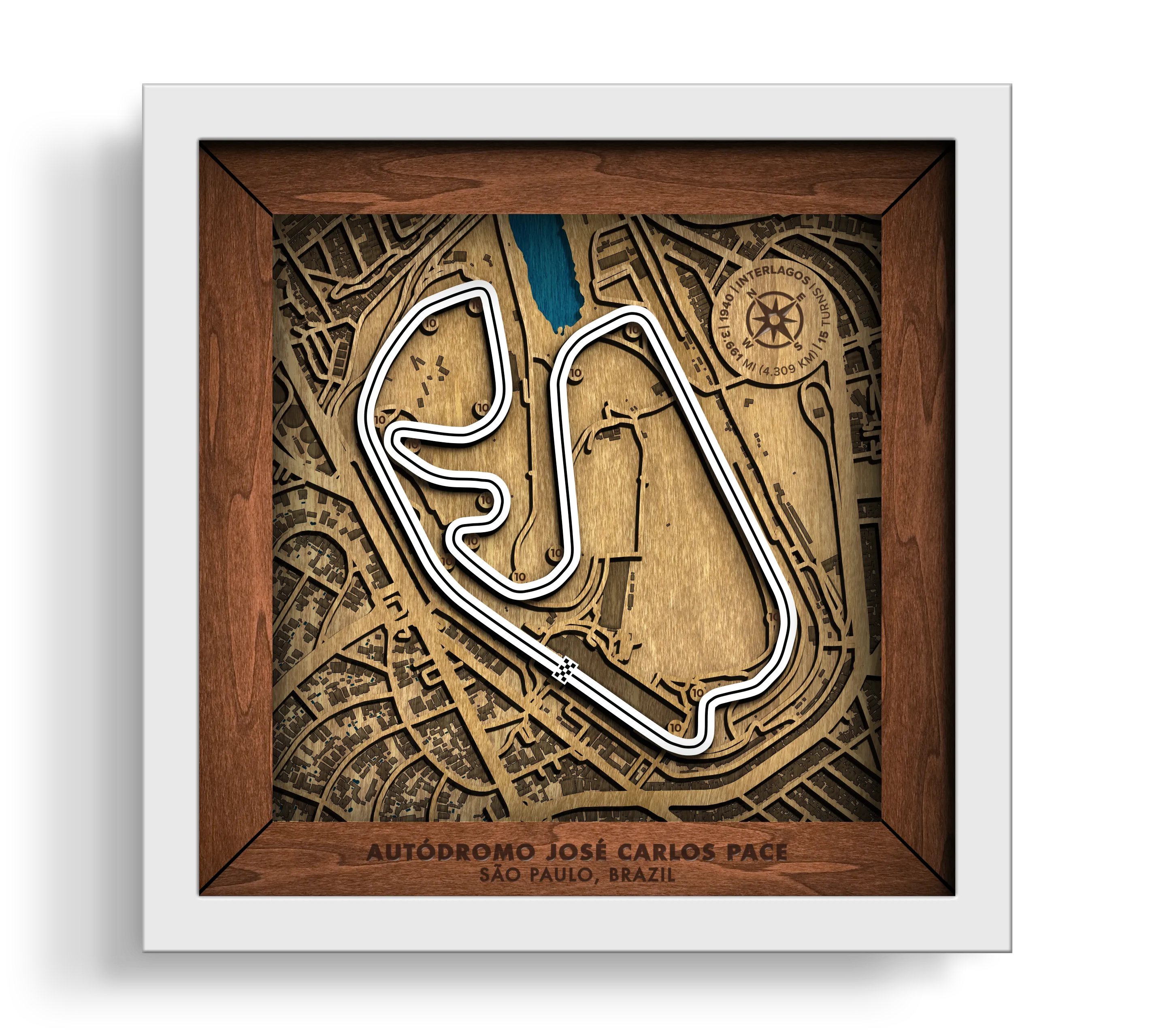 Handcrafted Aut—dromo JosŽ Carlos Pace layered wooden racetrack wall art in a white frame.