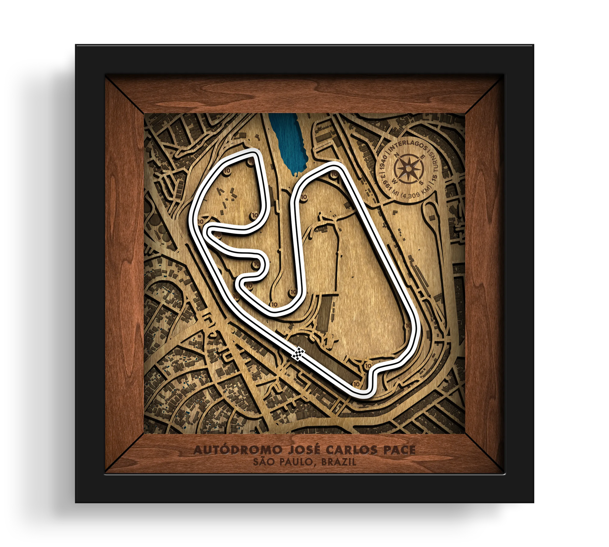 Handcrafted Aut—dromo JosŽ Carlos Pace layered wooden racetrack wall art in a black frame.
