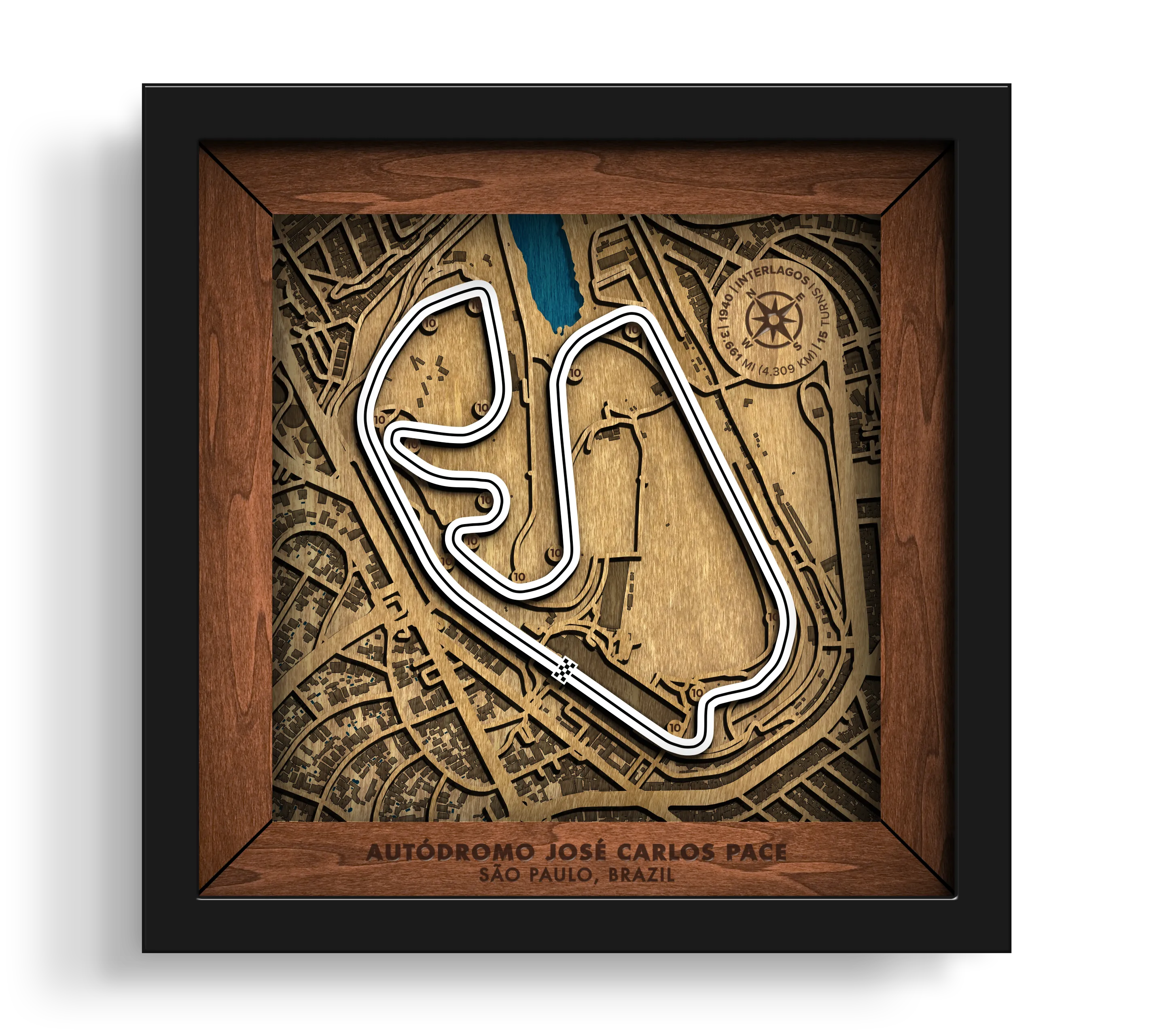 Handcrafted Aut—dromo JosŽ Carlos Pace layered wooden racetrack wall art in a black frame.