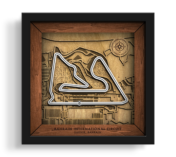 Handcrafted Bahrain International Circuit layered wooden racetrack wall art in a black frame.