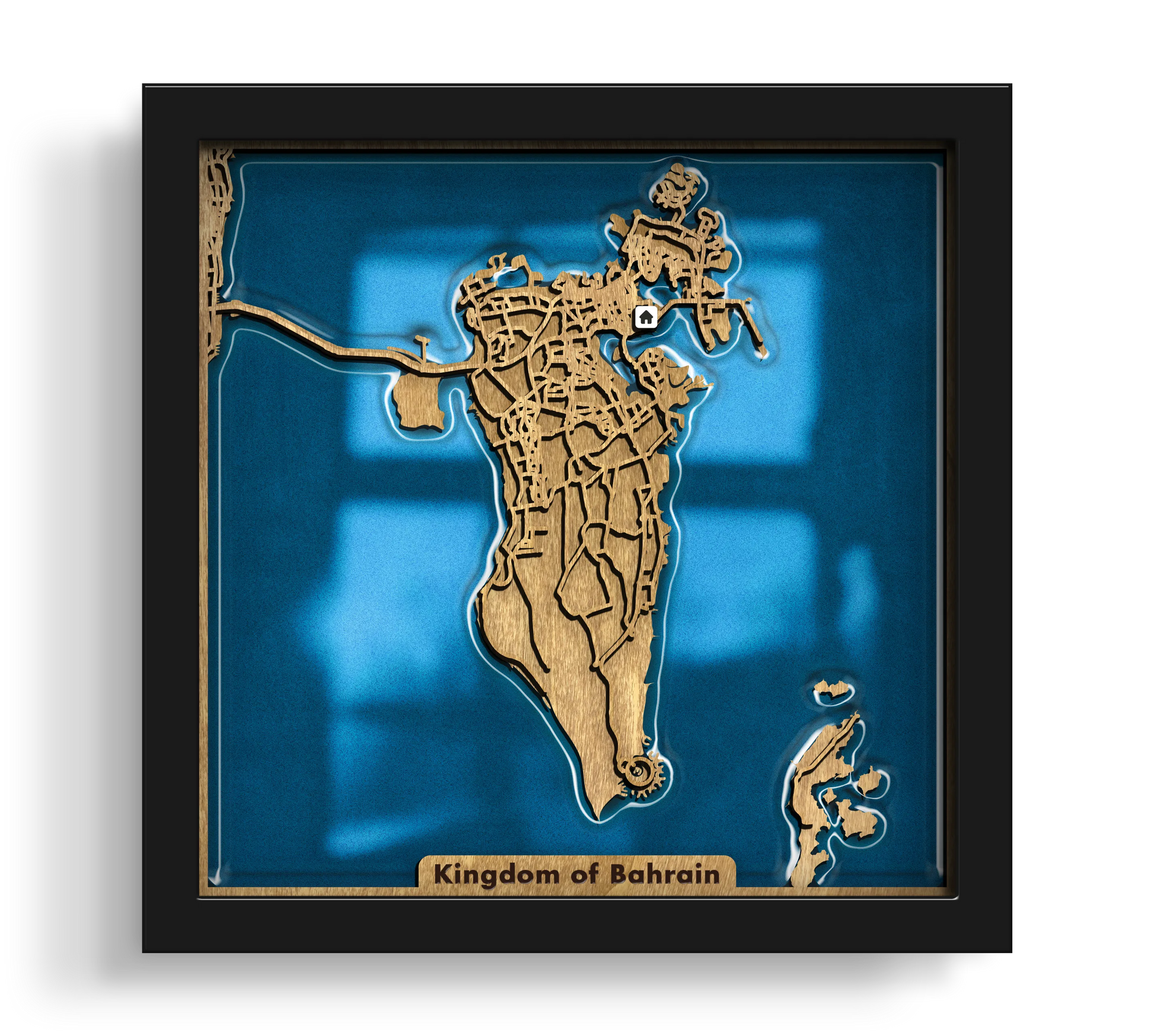 Handcrafted Custom City Maps layered wooden wall art in a black frame.
