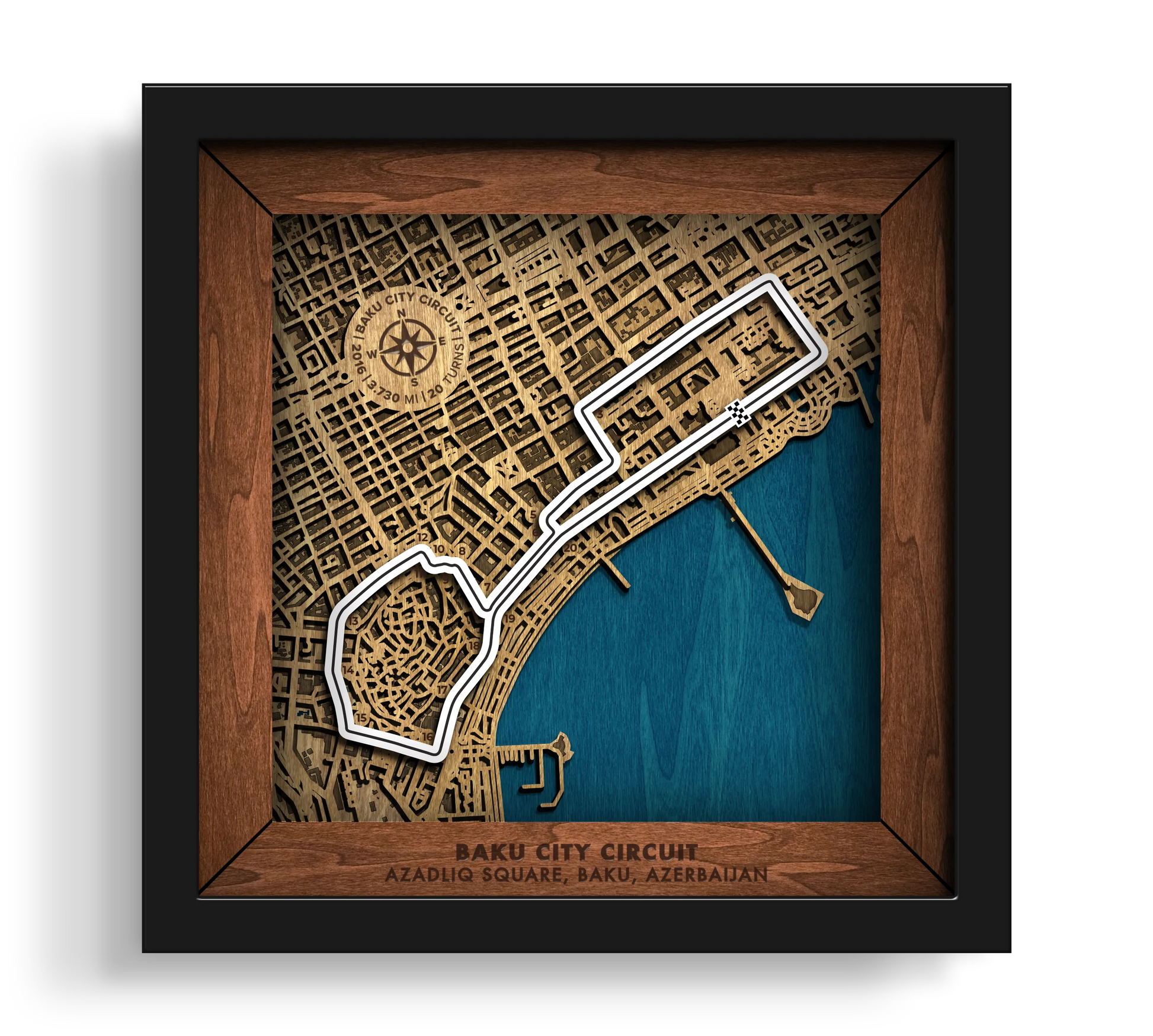 Handcrafted Baku City Circuit layered wooden racetrack wall art in a black frame.