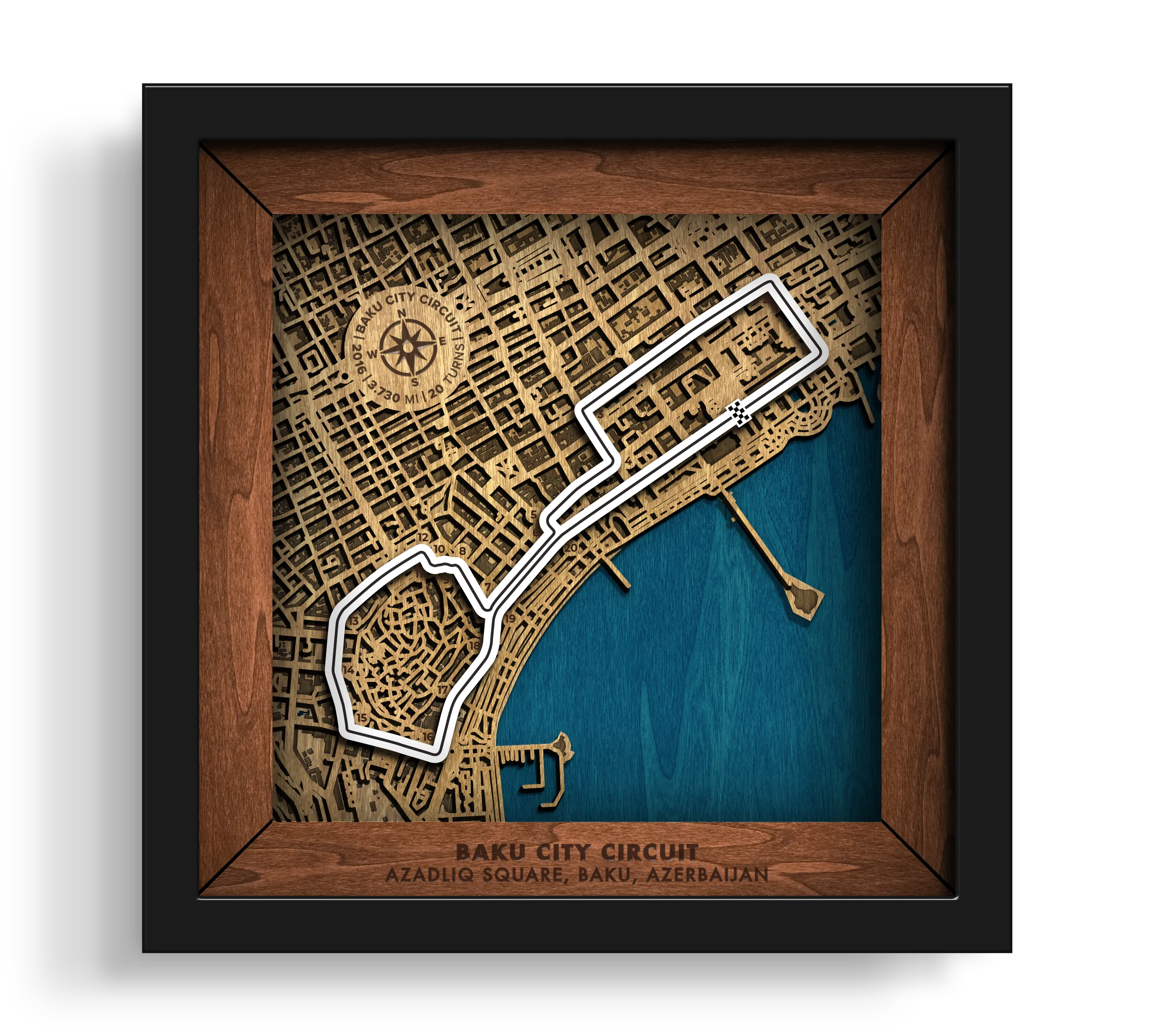 Handcrafted Baku City Circuit layered wooden racetrack wall art in a black frame.