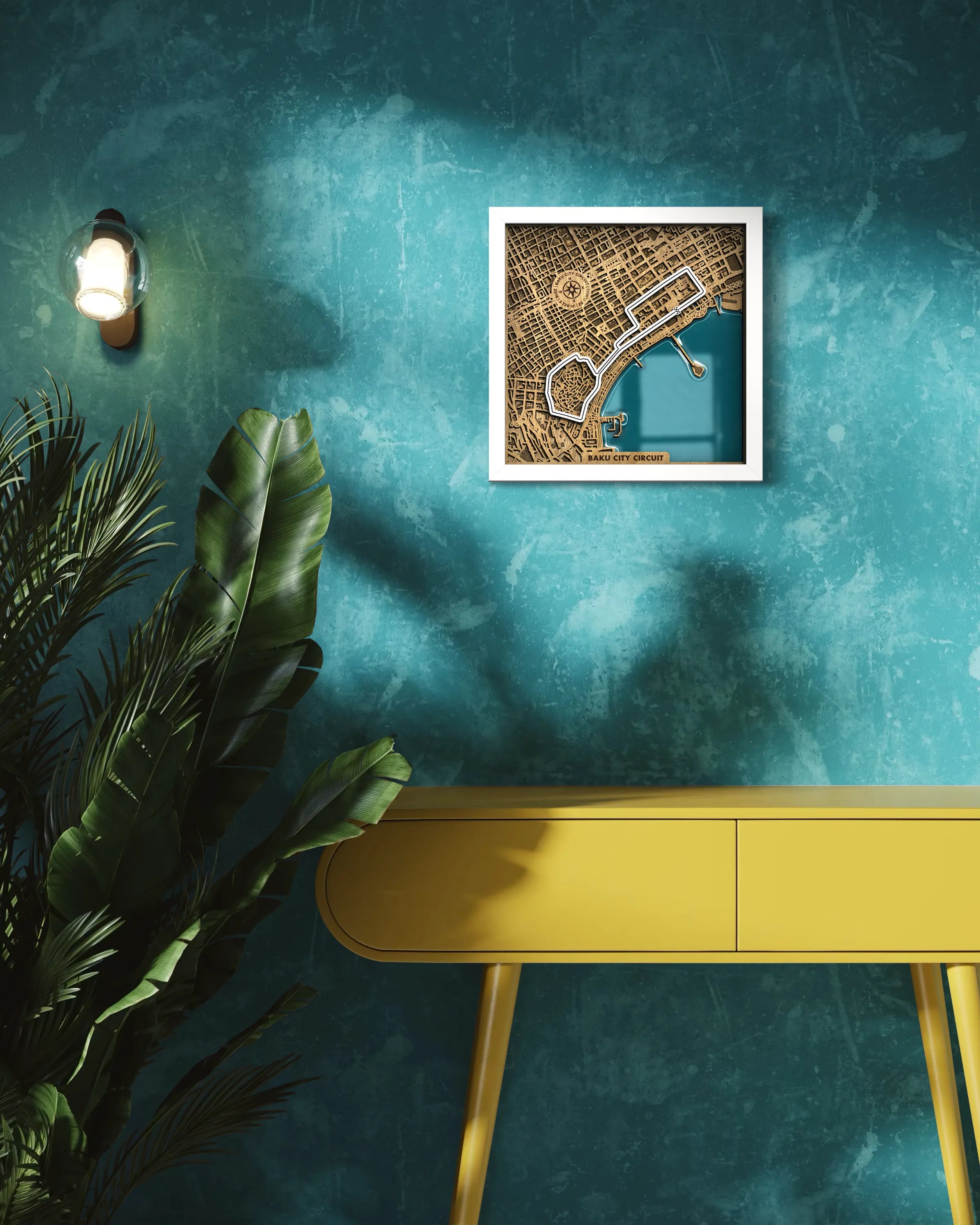 Handcrafted Baku City Circuit layered wooden racetrack wall art with epoxy resin waters displayed in a modern living room.
