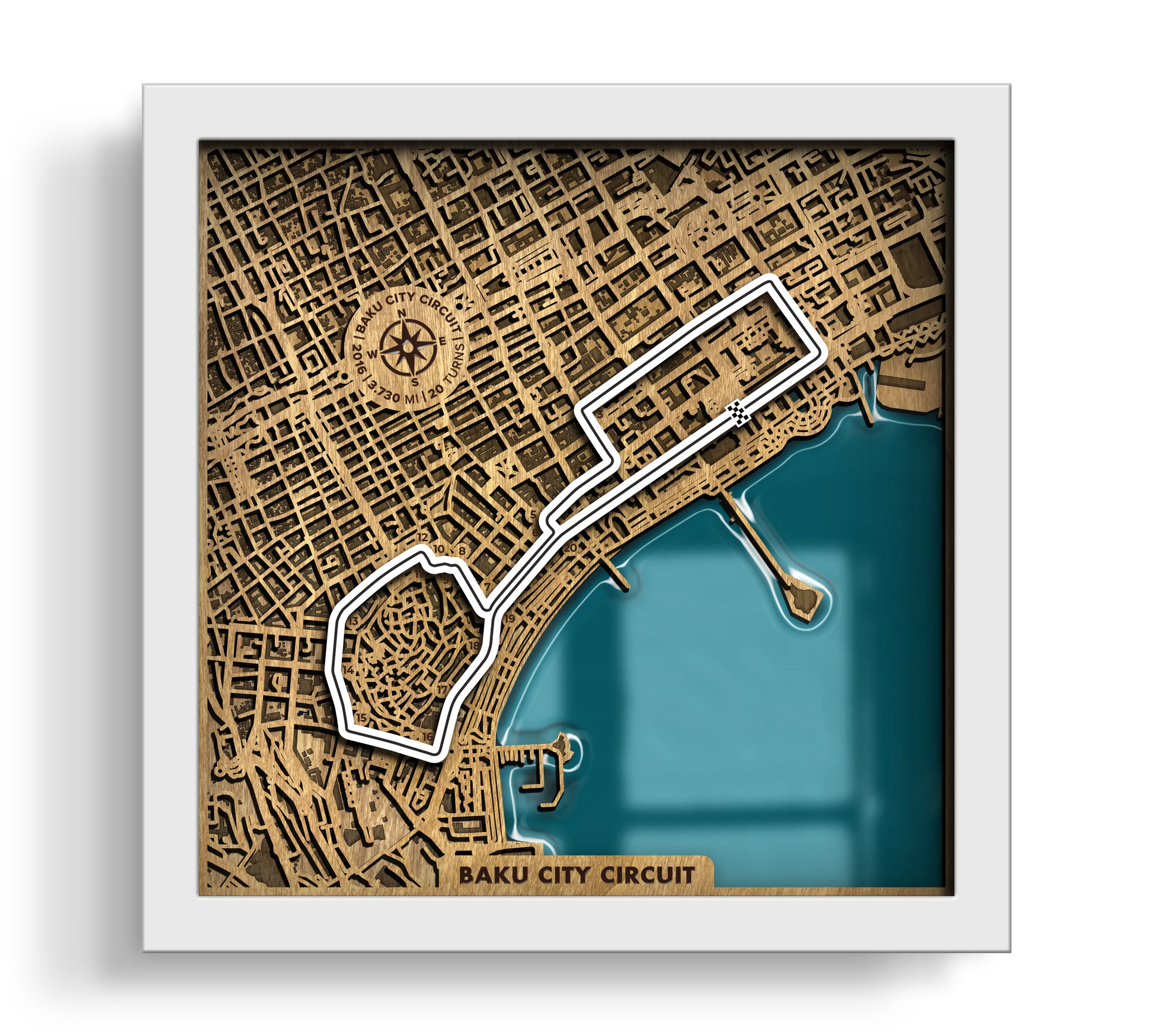 Handcrafted Baku City Circuit layered wooden racetrack wall art with an epoxy resin finish in a white frame.