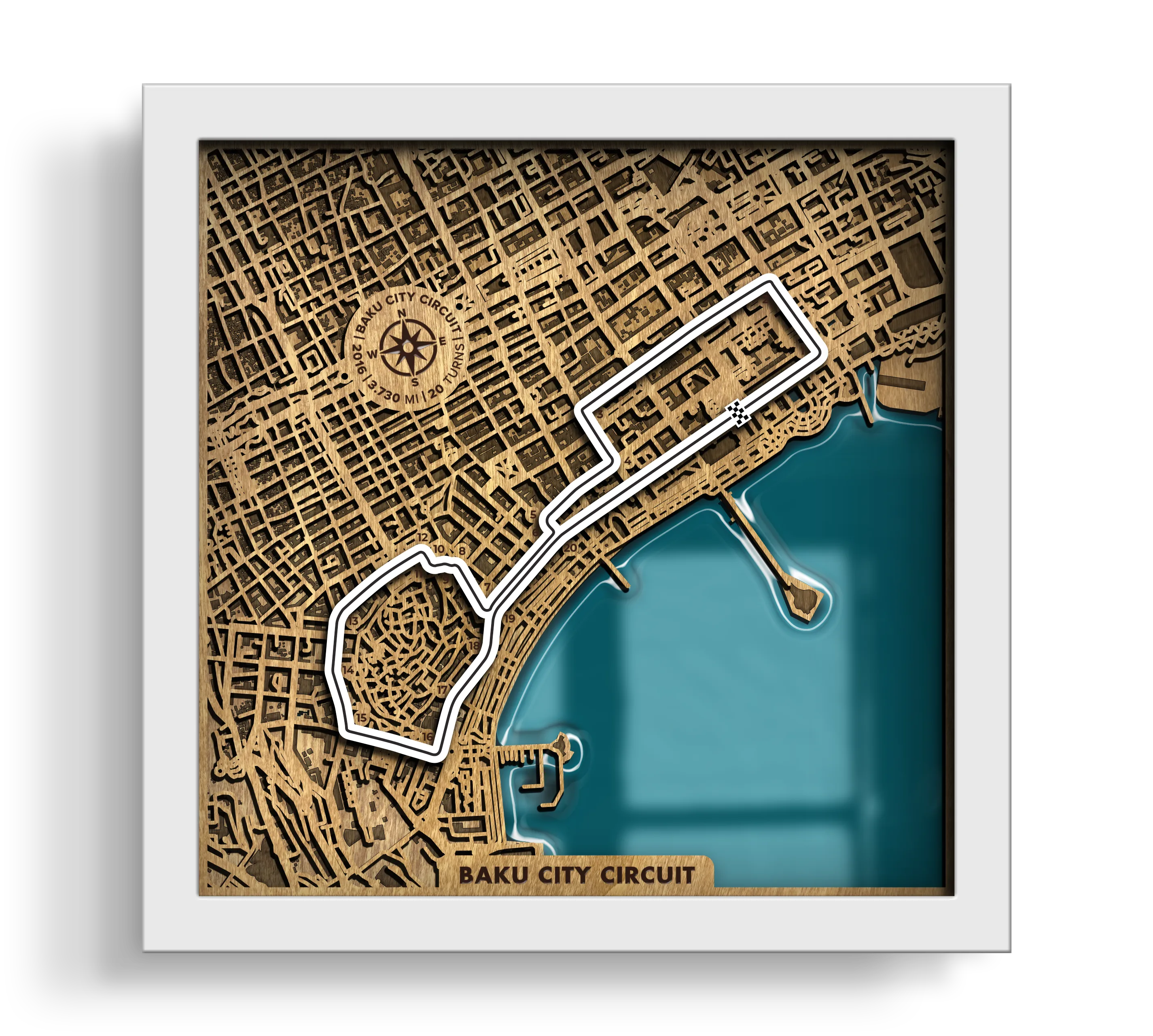 Handcrafted Baku City Circuit layered wooden racetrack wall art with an epoxy resin finish in a white frame.