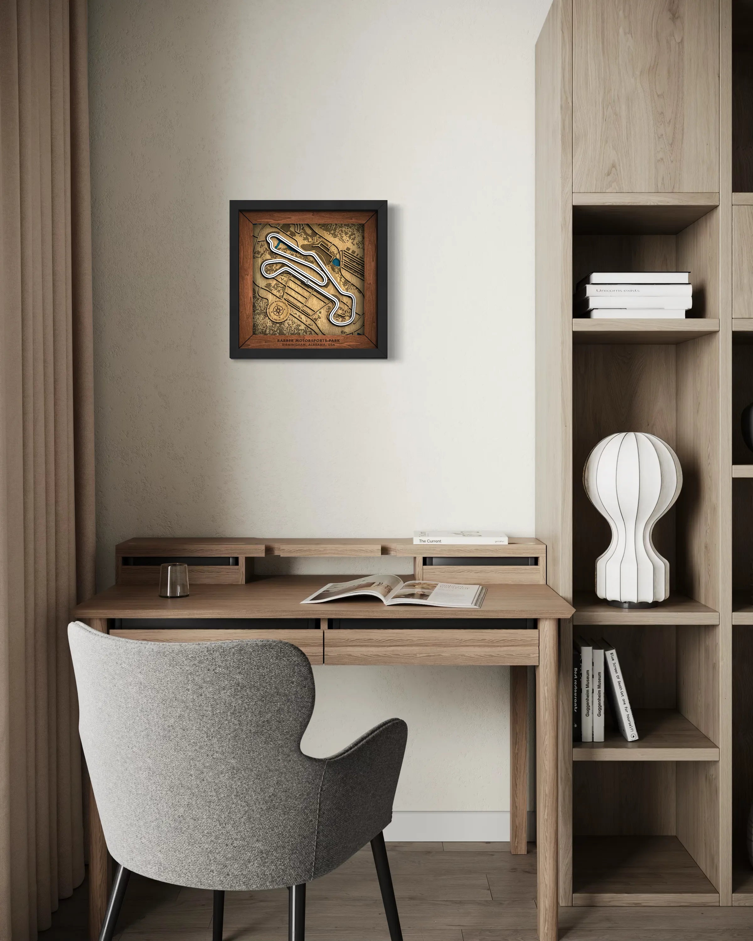 Handcrafted Barber Motorsports Park layered wooden racetrack wall art displayed in a modern living room.