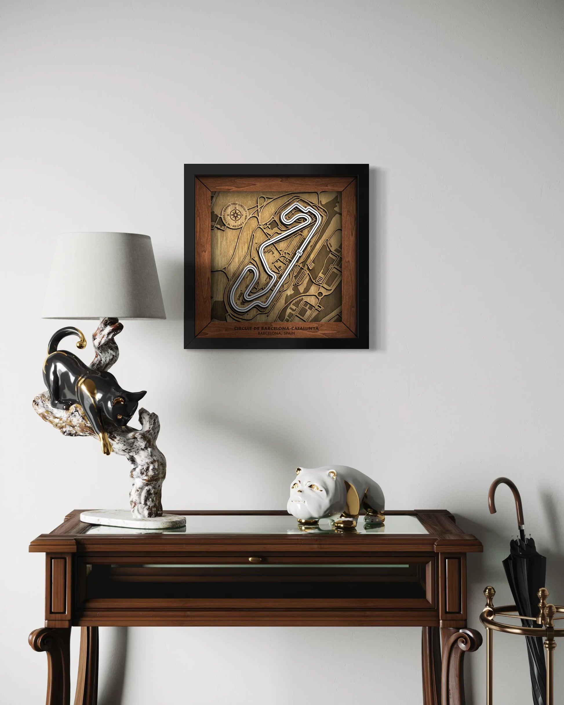 Handcrafted Circuit de Barcelona-Catalunya layered wooden racetrack wall art displayed in a modern living room.