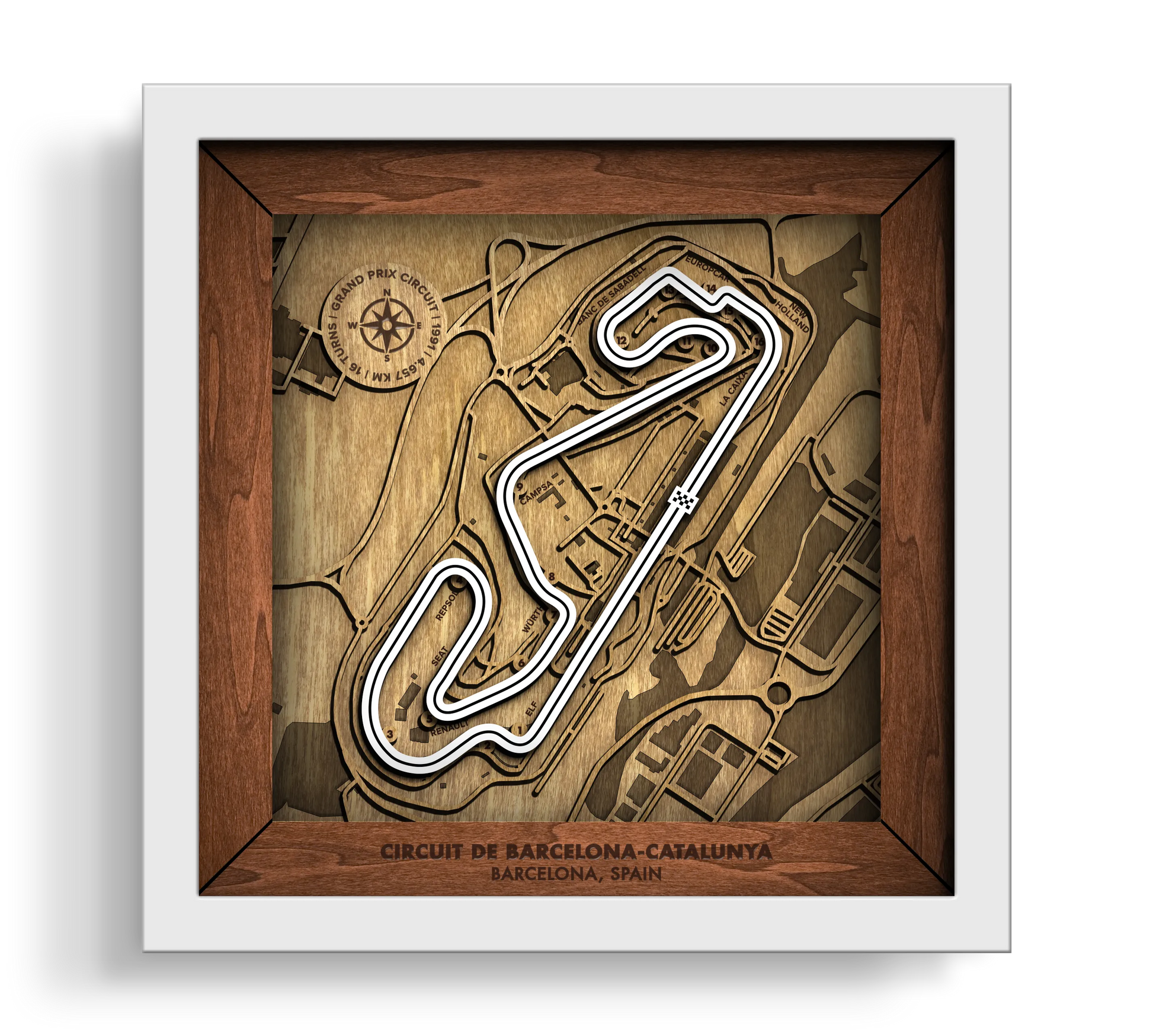 Handcrafted Circuit de Barcelona-Catalunya layered wooden racetrack wall art in a white frame.