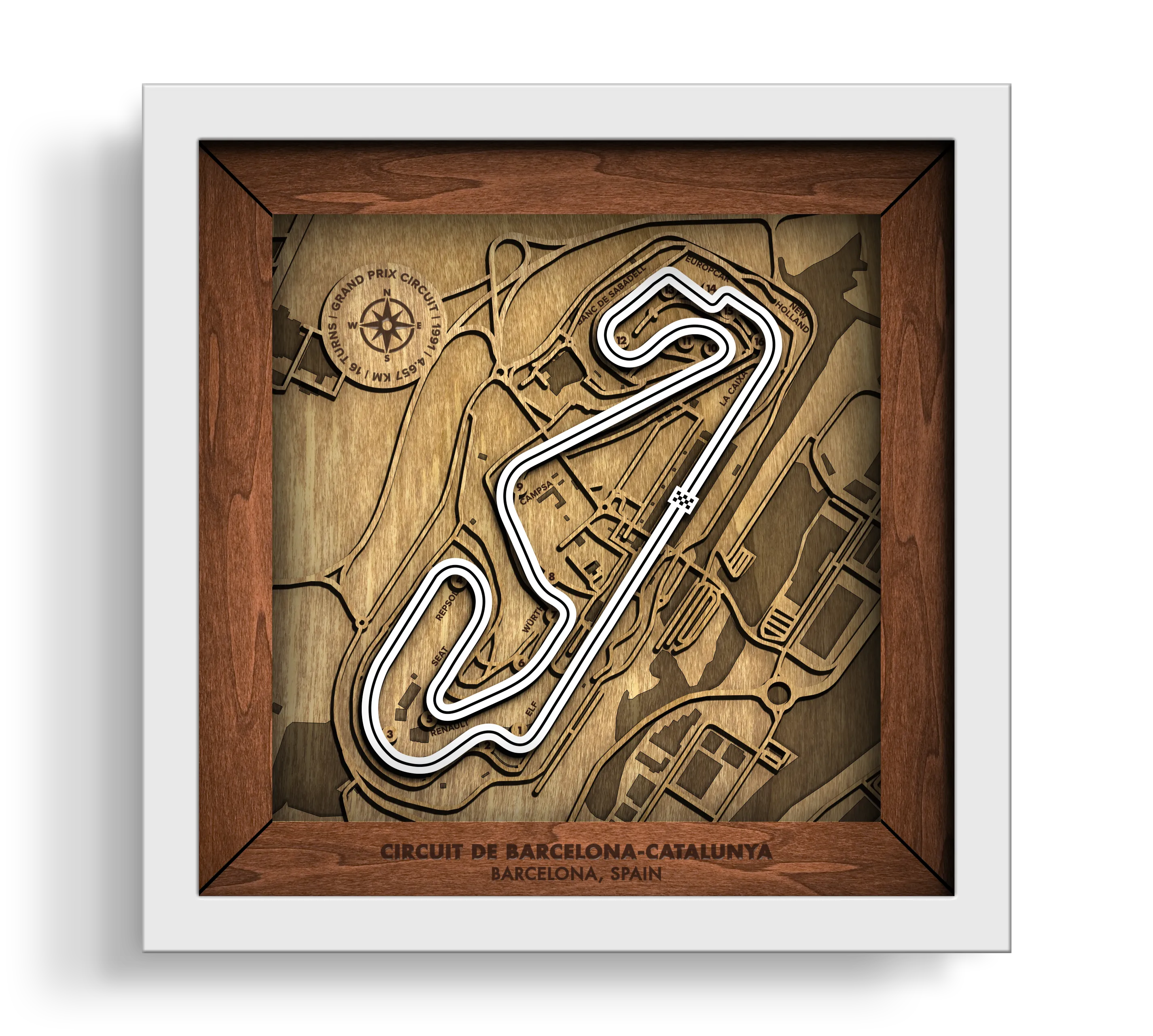 Handcrafted Circuit de Barcelona-Catalunya layered wooden racetrack wall art in a white frame.