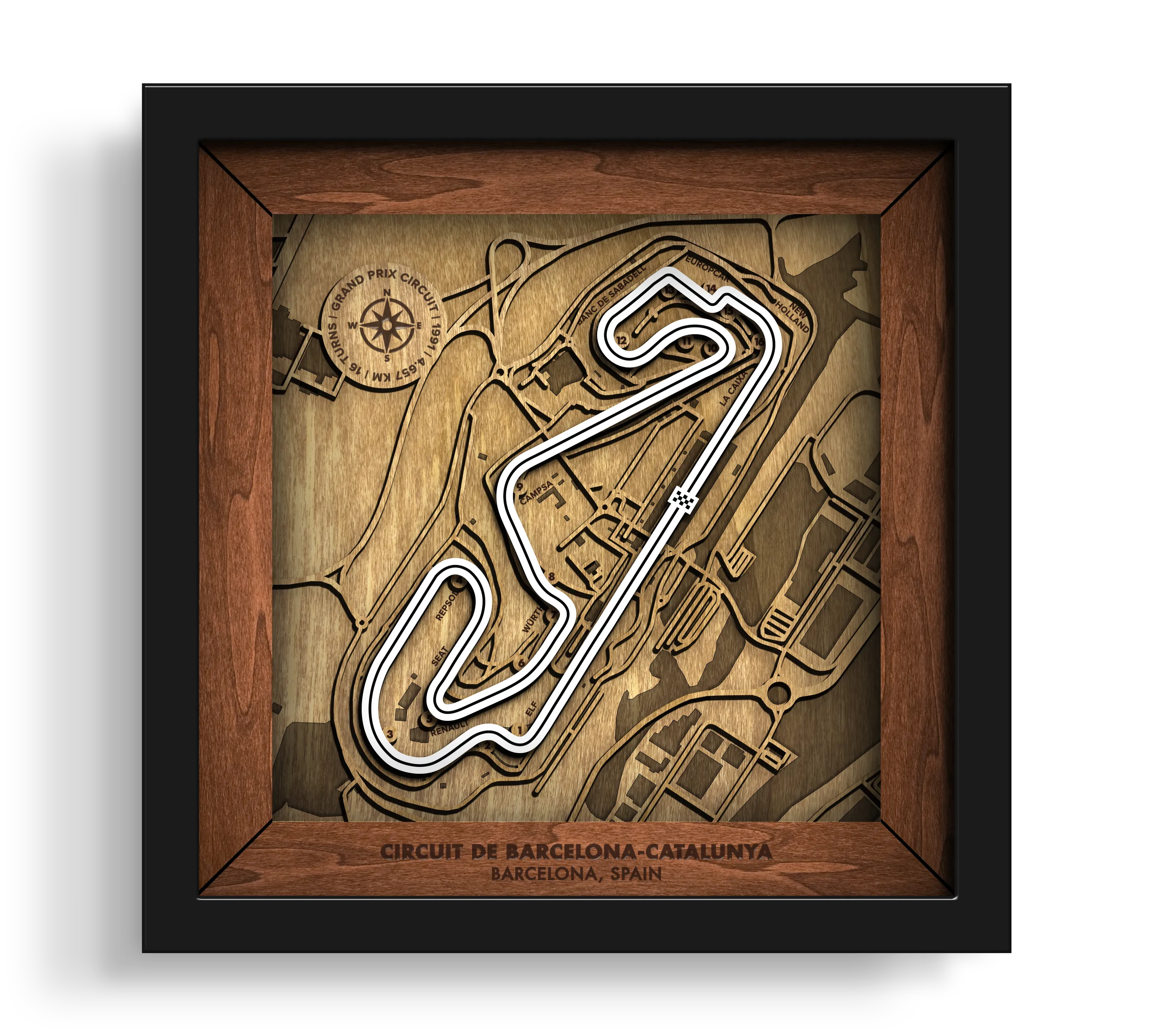 Handcrafted Circuit de Barcelona-Catalunya layered wooden racetrack wall art in a black frame.