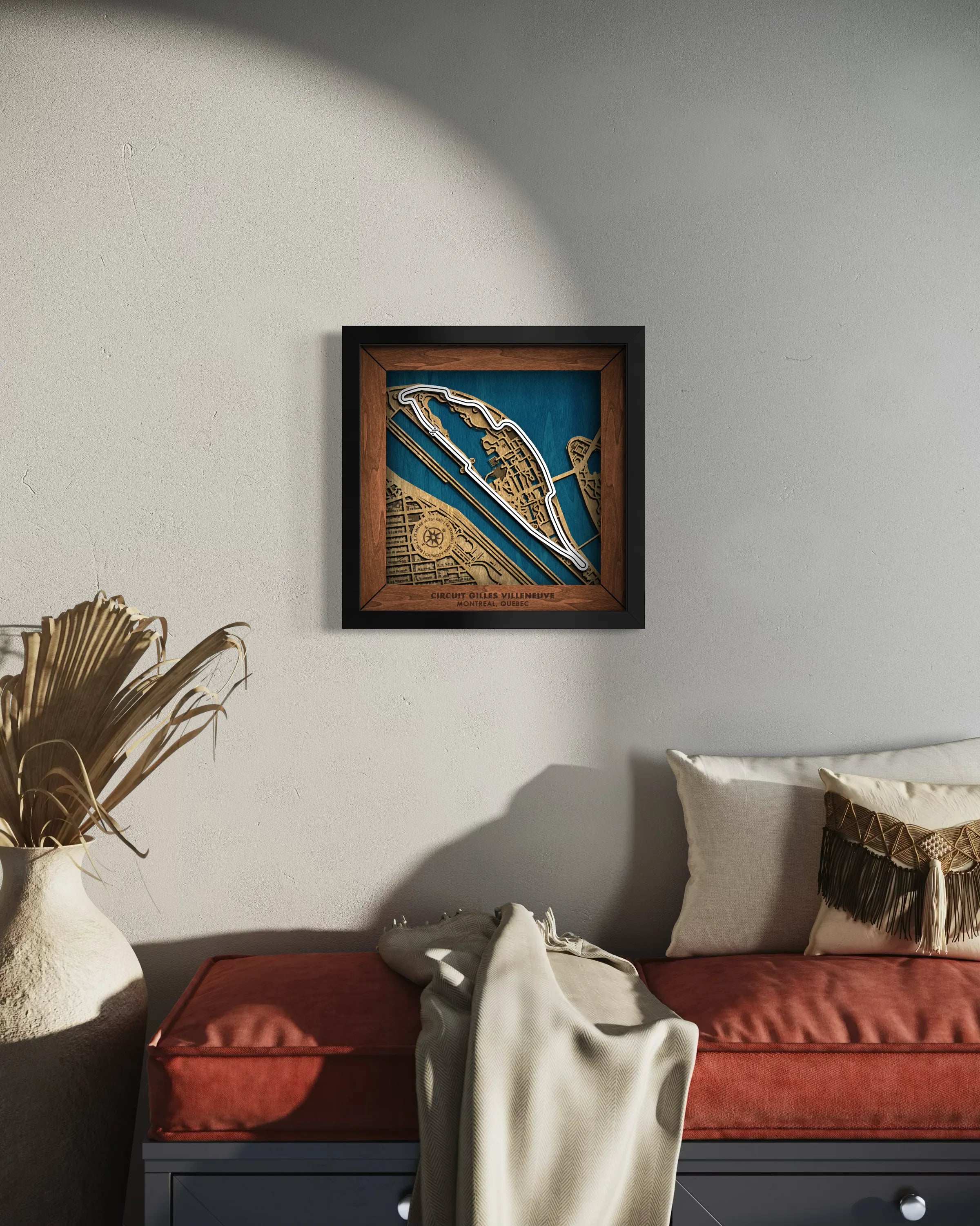 Handcrafted Circuit Gilles Villeneuve layered wooden racetrack wall art displayed in a modern living room.