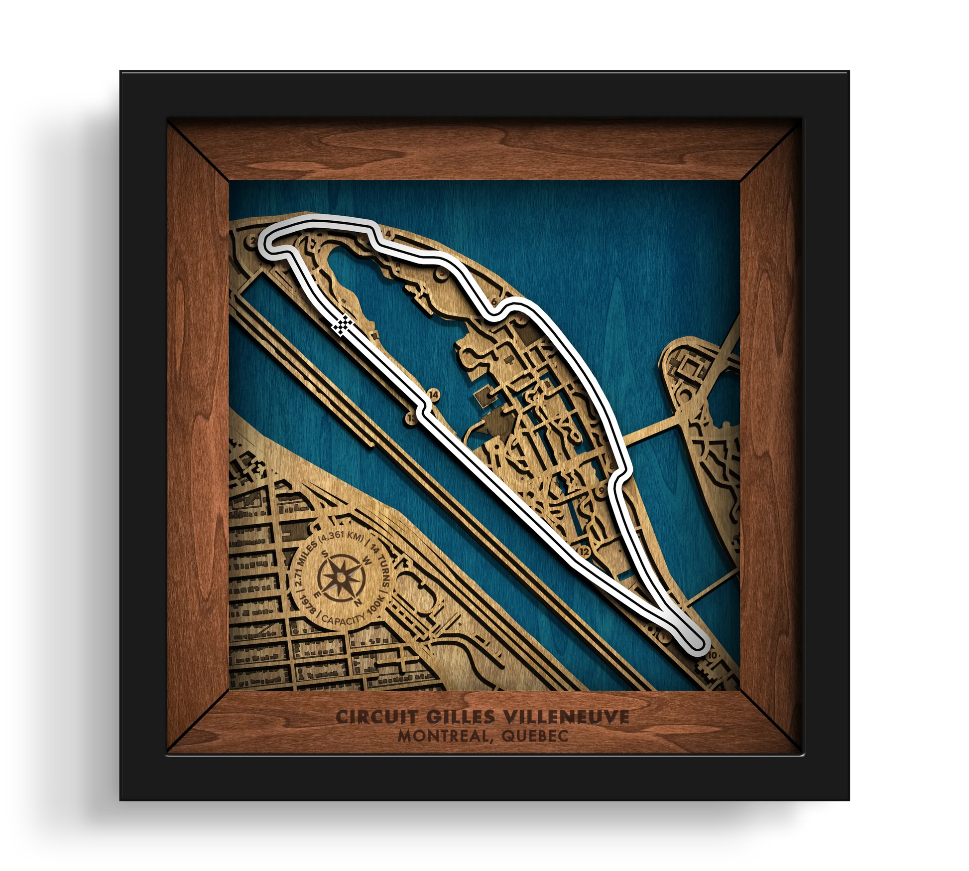 Handcrafted Circuit Gilles Villeneuve layered wooden racetrack wall art in a black frame.