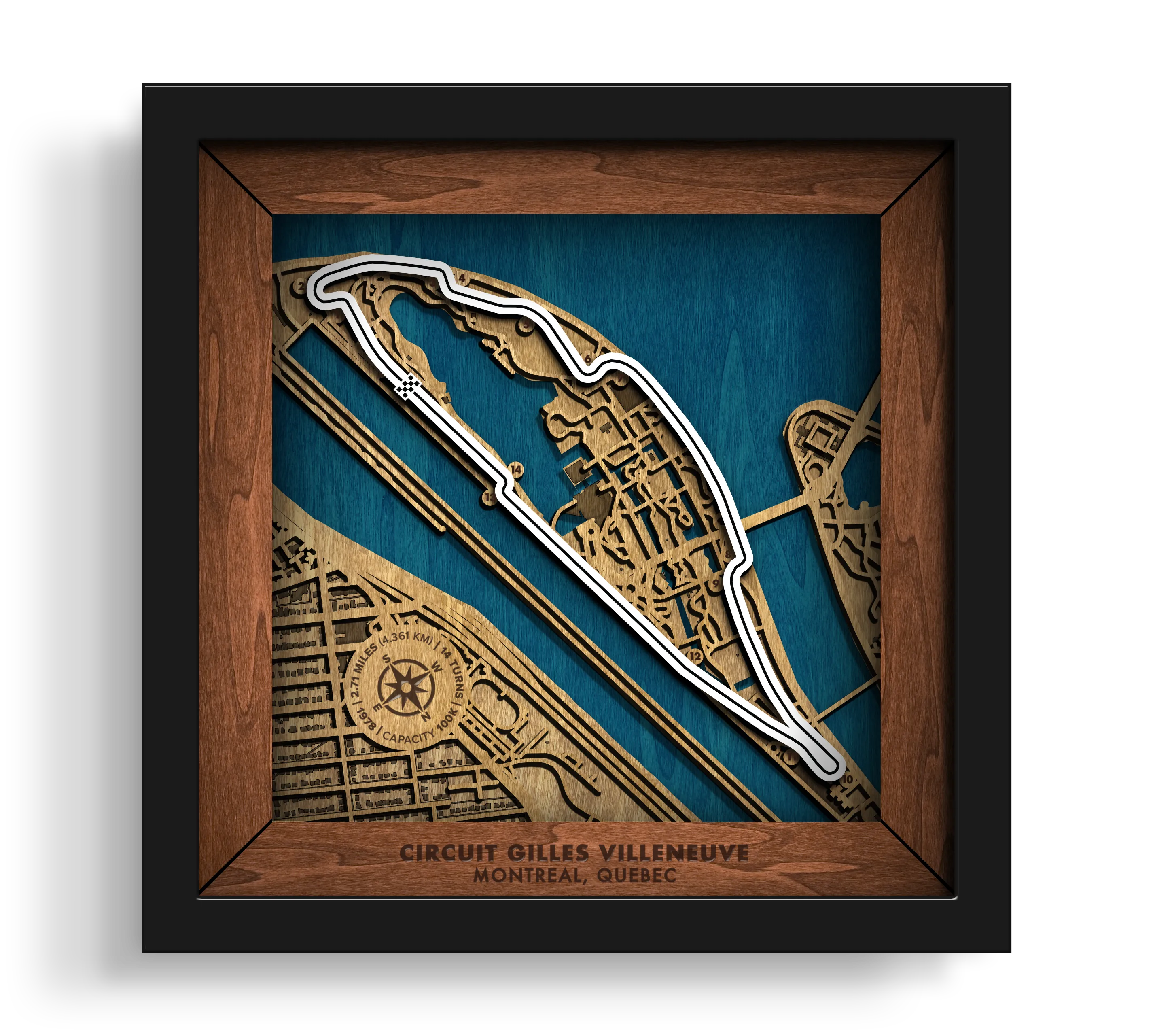 Handcrafted Circuit Gilles Villeneuve layered wooden racetrack wall art in a black frame.