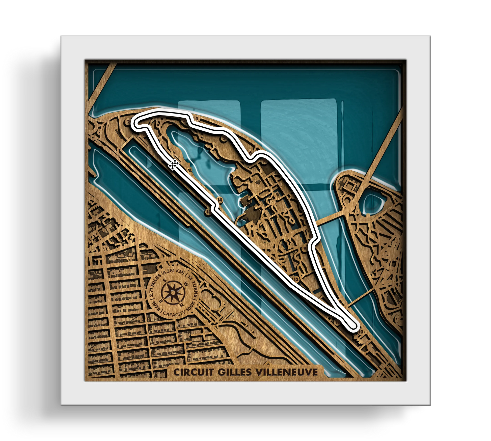 Handcrafted Circuit Gilles Villeneuve layered wooden racetrack wall art with an epoxy resin finish in a white frame.