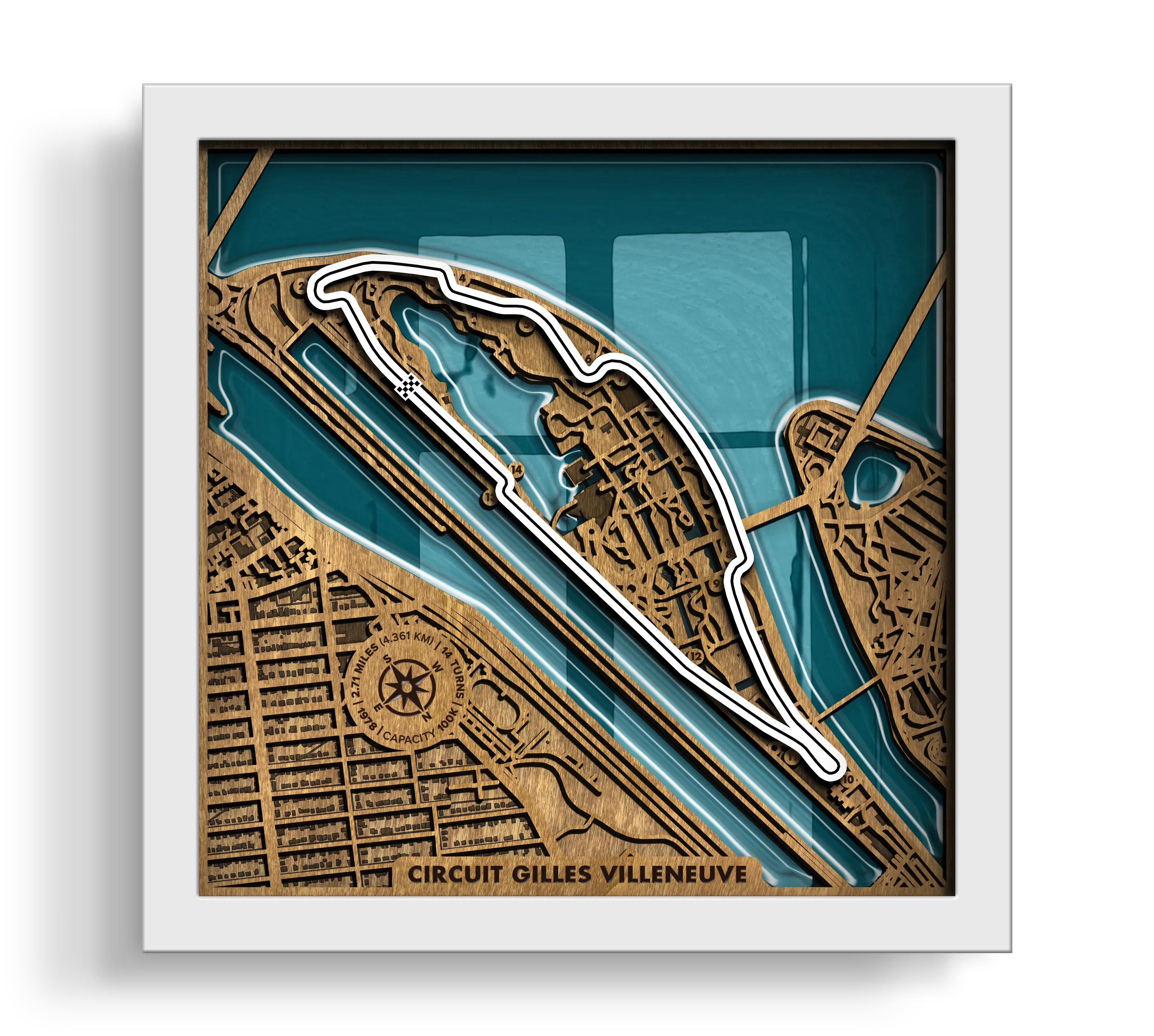 Handcrafted Circuit Gilles Villeneuve layered wooden racetrack wall art with an epoxy resin finish in a white frame.