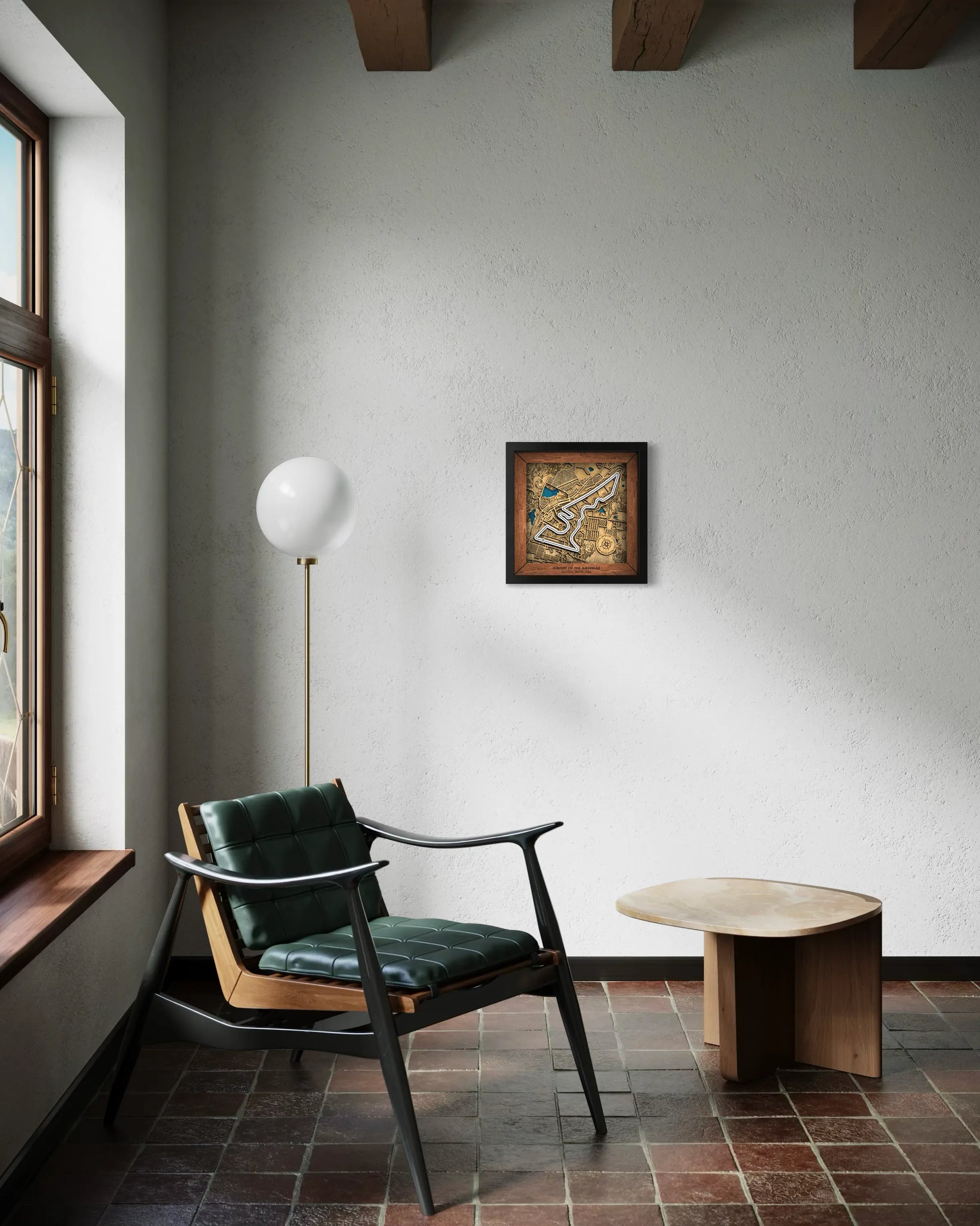 Handcrafted Circuit of The Americas¨ layered wooden racetrack wall art displayed in a modern living room.