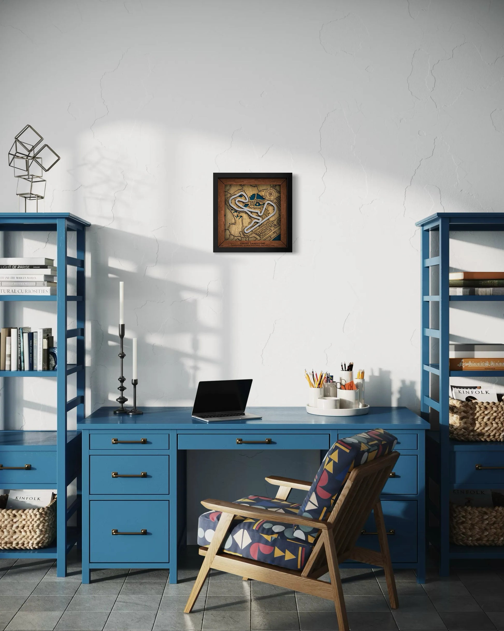 Handcrafted Circuit Zandvoort layered wooden racetrack wall art displayed in a modern living room.
