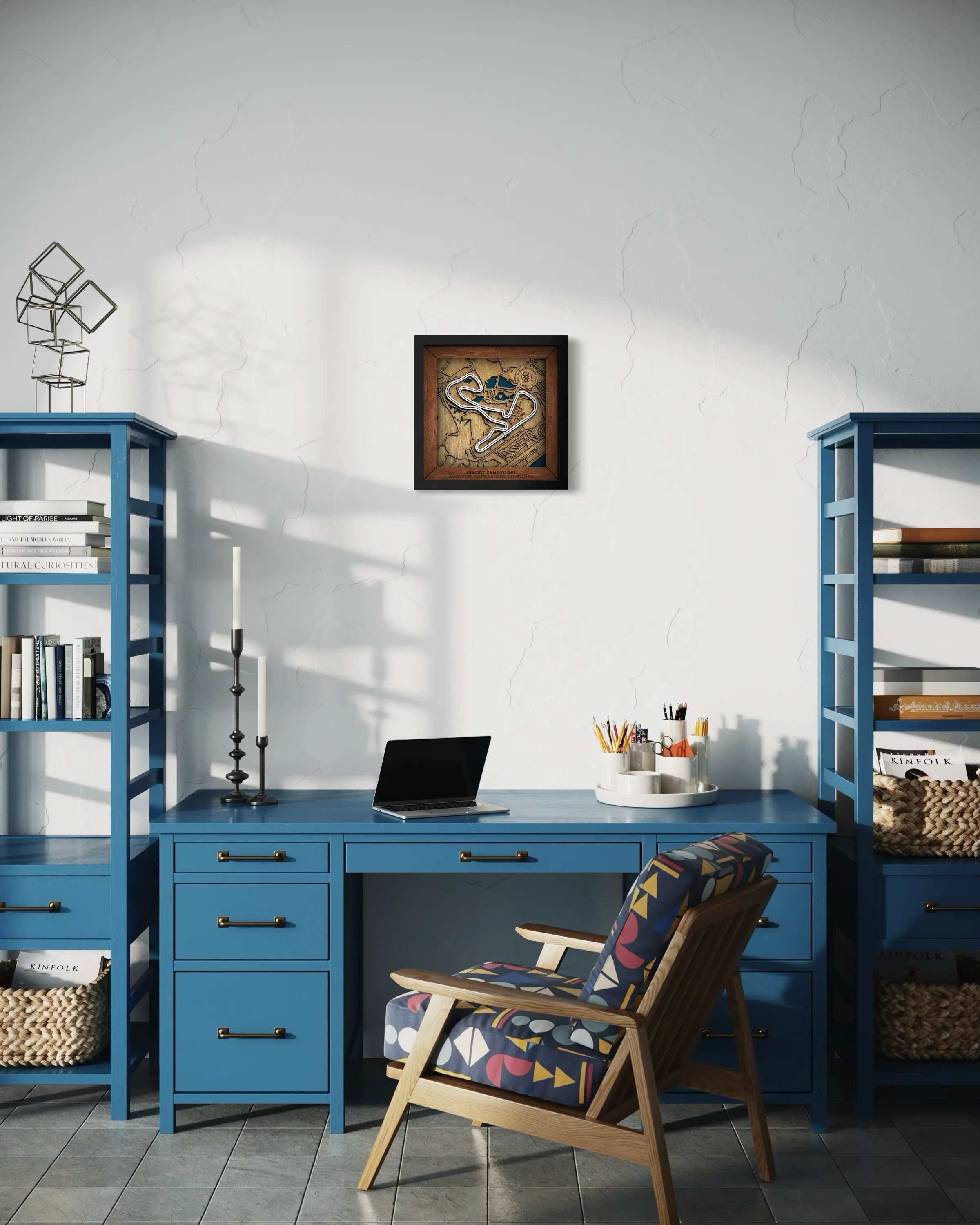 Handcrafted Circuit Zandvoort layered wooden racetrack wall art displayed in a modern living room.