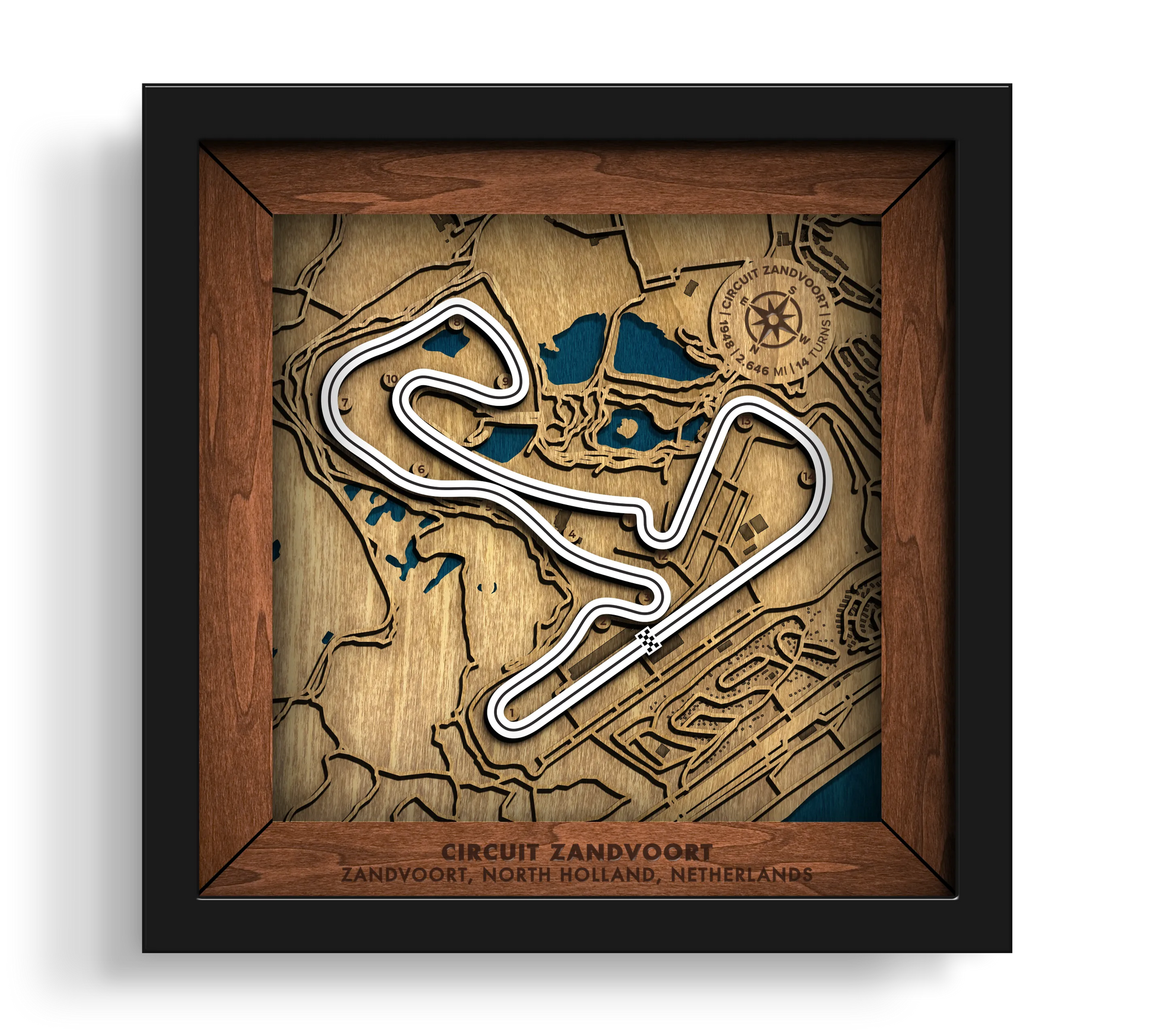 Handcrafted Circuit Zandvoort layered wooden racetrack wall art in a black frame.