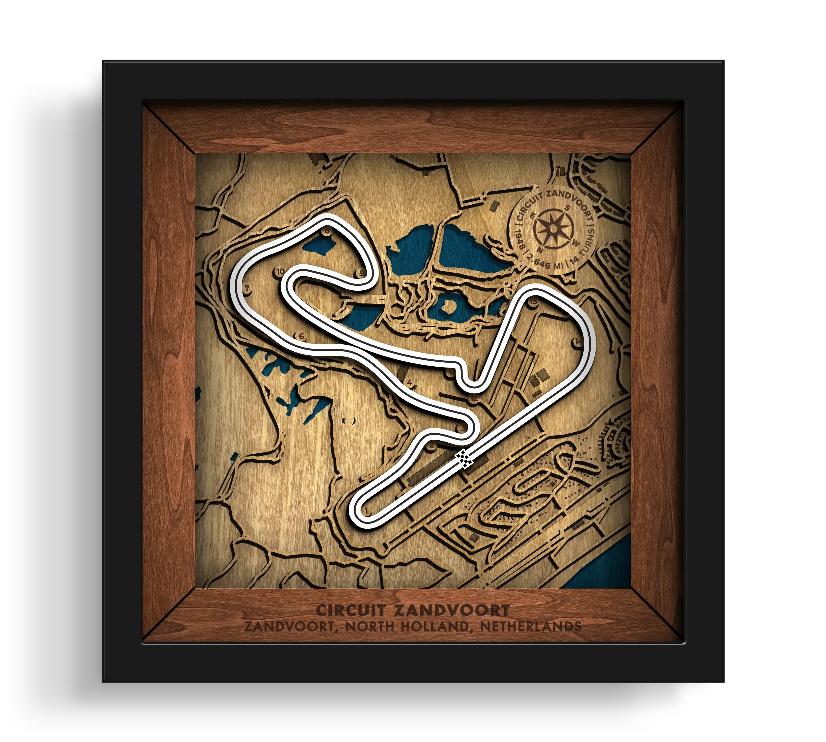 Handcrafted Circuit Zandvoort layered wooden racetrack wall art in a black frame.