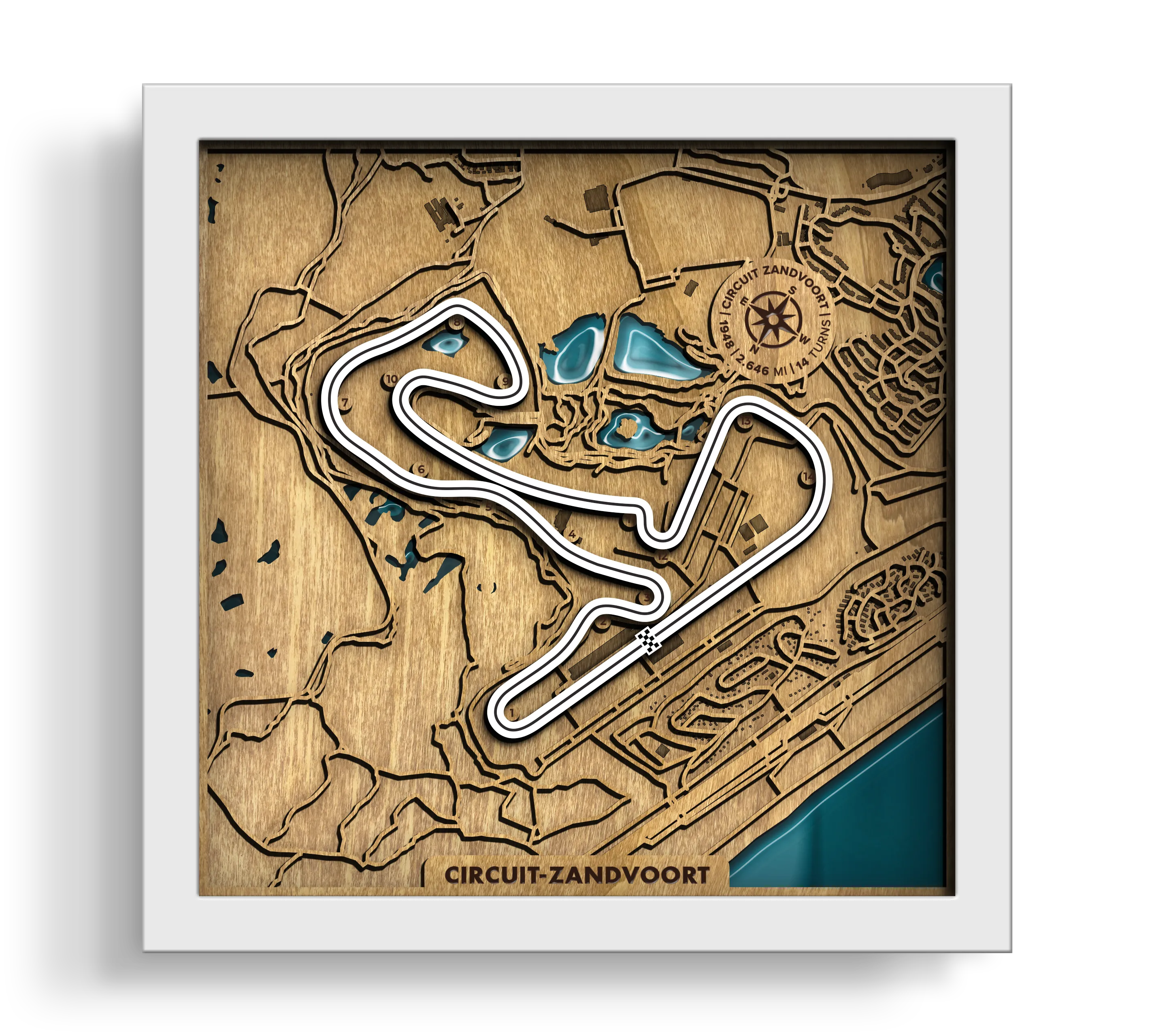 Handcrafted Circuit Zandvoort layered wooden racetrack wall art with an epoxy resin finish in a white frame.