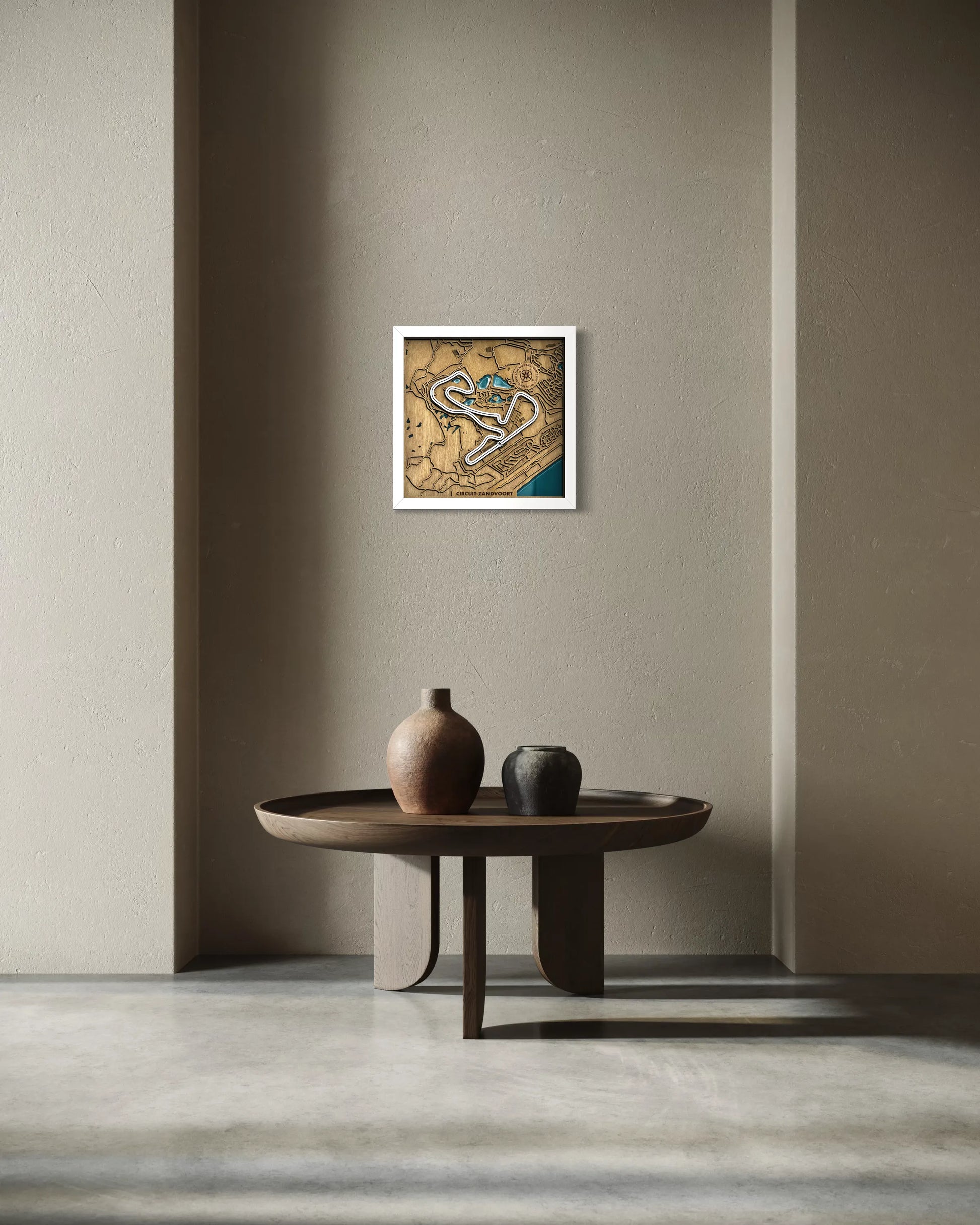 Handcrafted Circuit Zandvoort layered wooden racetrack wall art with epoxy resin waters displayed in a modern living room.
