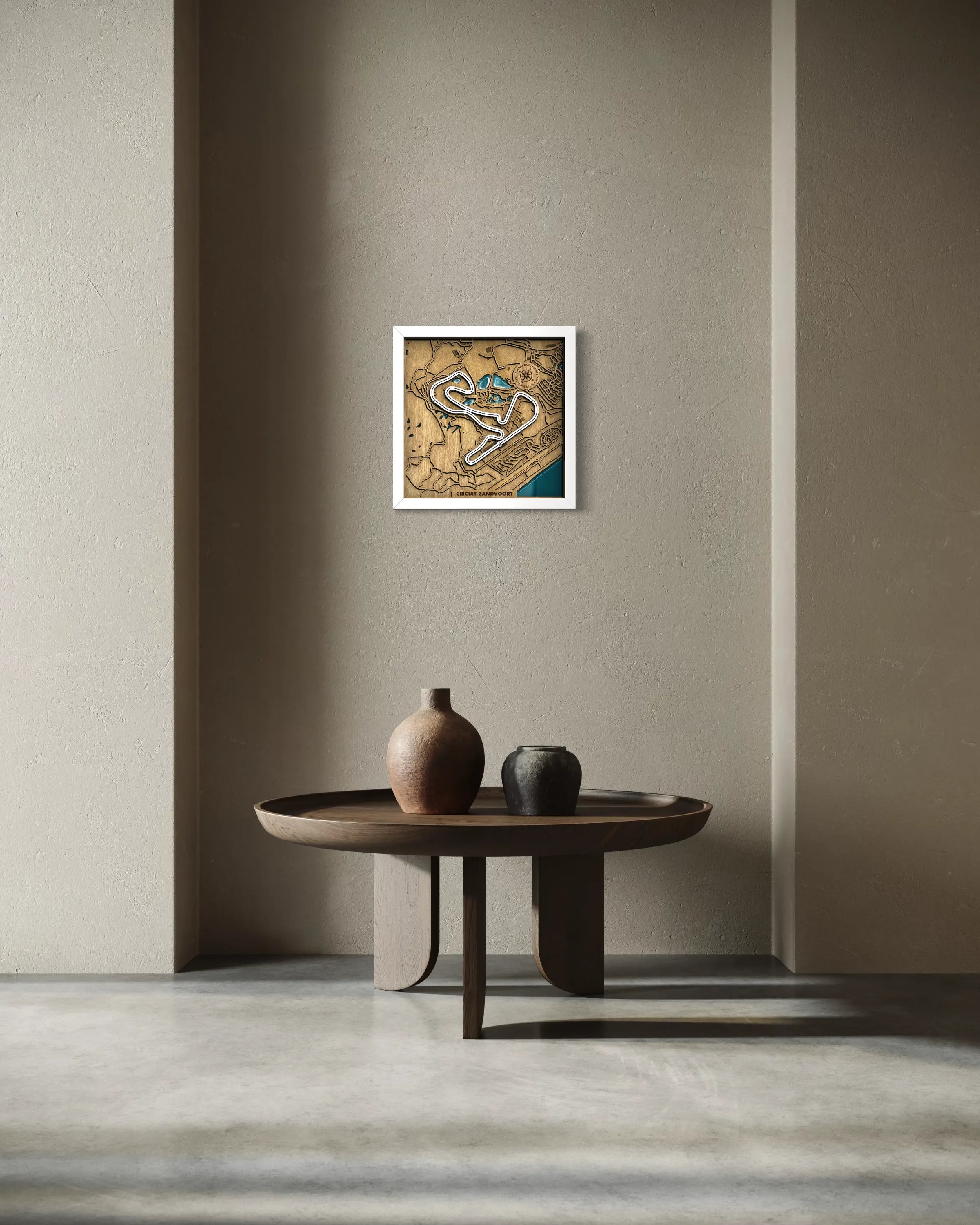 Handcrafted Circuit Zandvoort layered wooden racetrack wall art with epoxy resin waters displayed in a modern living room.