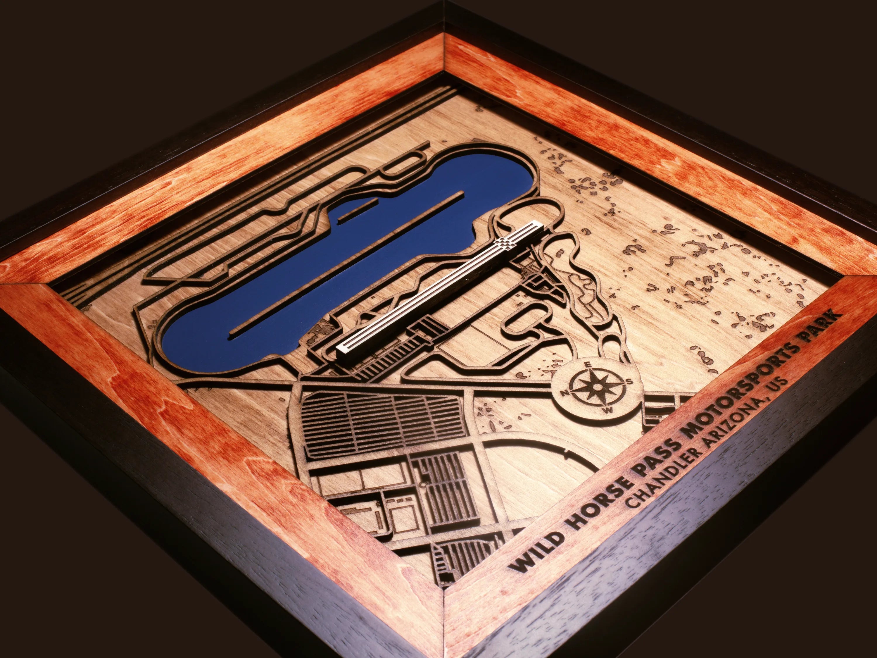 Handcrafted F1 Racing Circuits wooden wall art displayed in a modern living room.