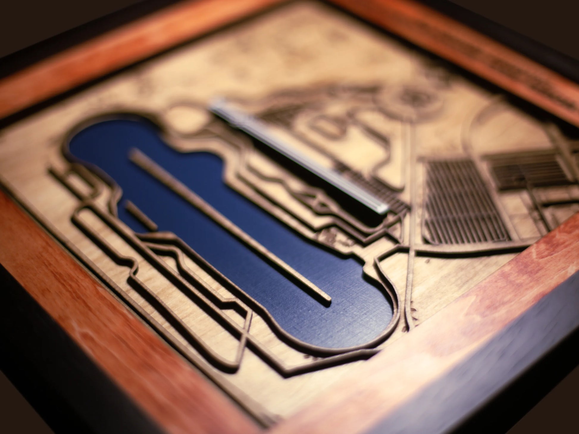 Handcrafted F1 Racing Circuits wooden wall art displayed in a modern living room.