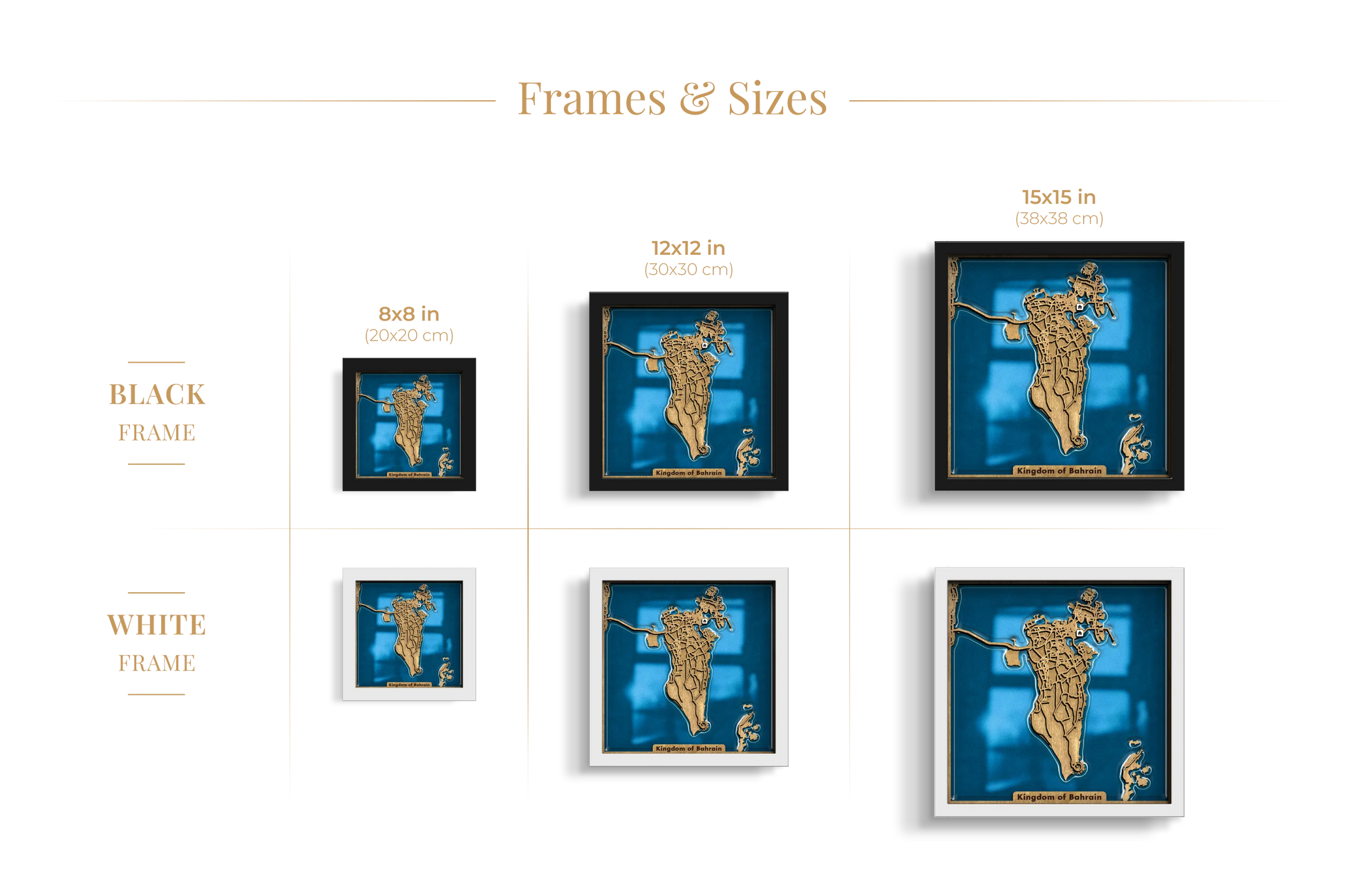 Custom City Maps wooden wall art shown in 8_8, 12_12 and 15_15 inch sizes with black and white frames and epoxy resin.