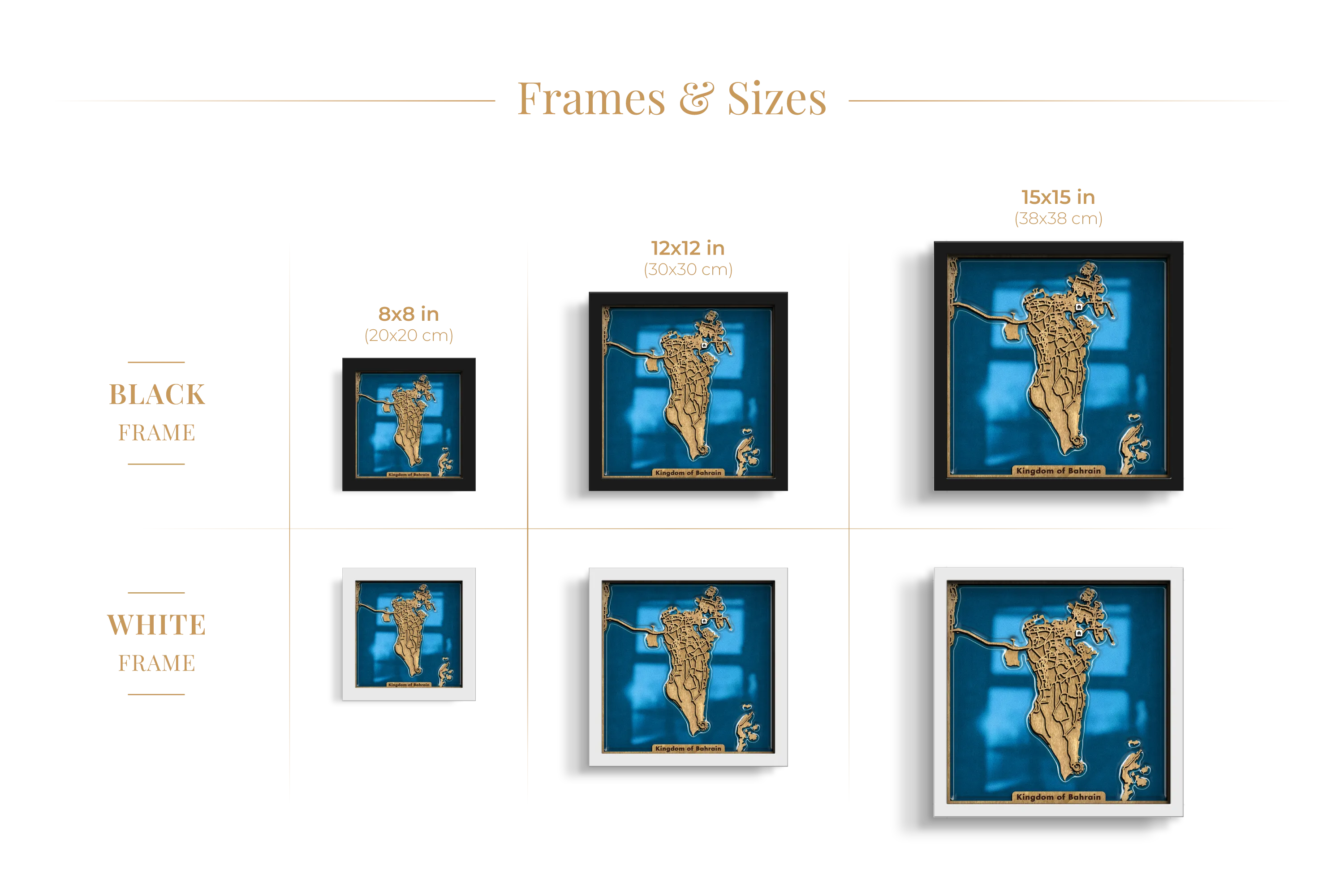 Custom City Maps wooden wall art shown in 8_8, 12_12 and 15_15 inch sizes with black and white frames and epoxy resin.