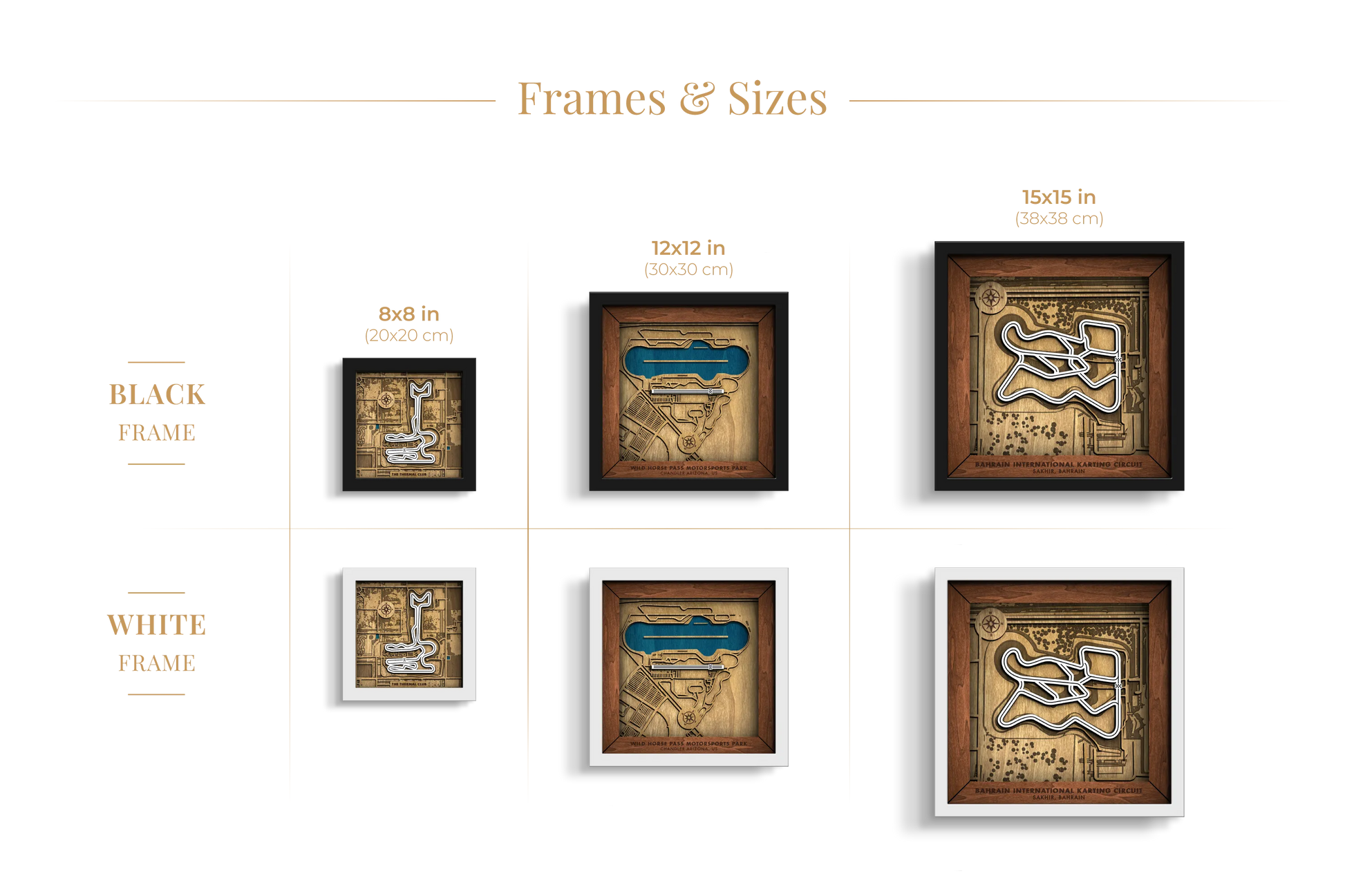 Custom F1 Racing Circuits wooden wall art shown in 8_8, 12_12 and 15_15 inch sizes with black and white frames.