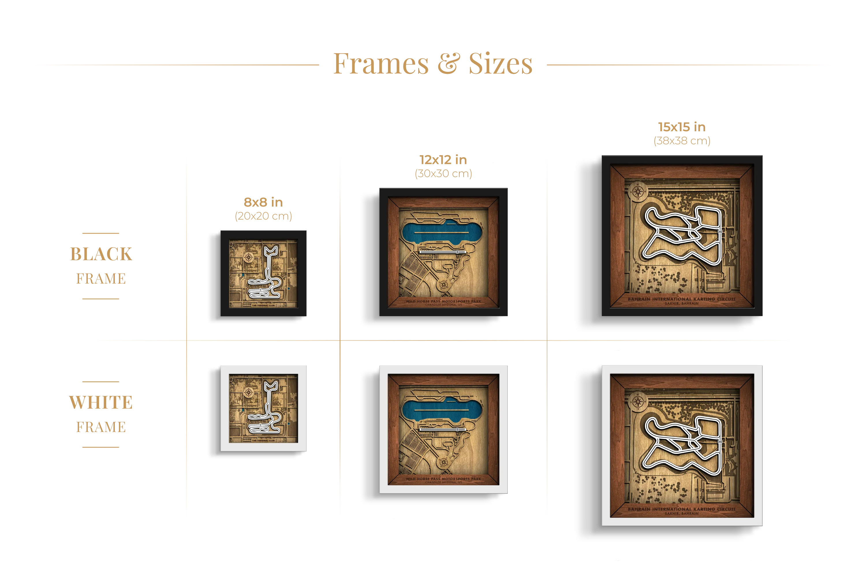 Custom F1 Racing Circuits wooden wall art shown in 8_8, 12_12 and 15_15 inch sizes with black and white frames.