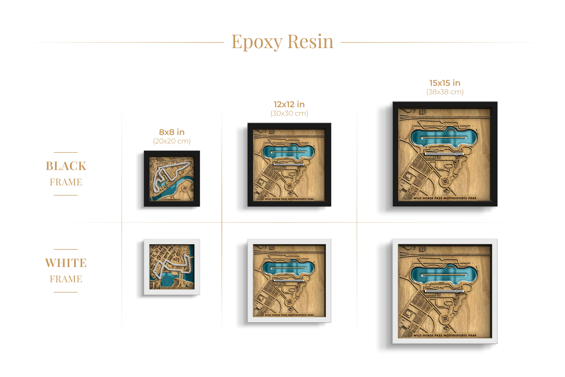 Custom F1 Racing Circuits wooden wall art shown in 8_8, 12_12 and 15_15 inch sizes with black and white frames and epoxy resin