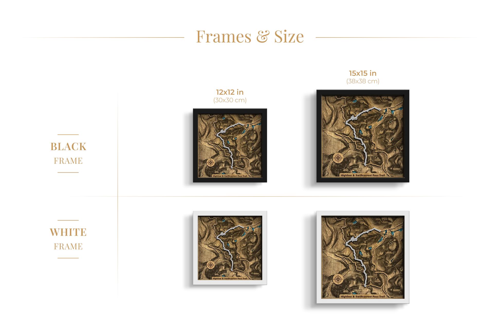 Custom Hiking Trail wooden wall art shown in 8_8, 12_12 and 15_15 inch sizes with black and white frames.