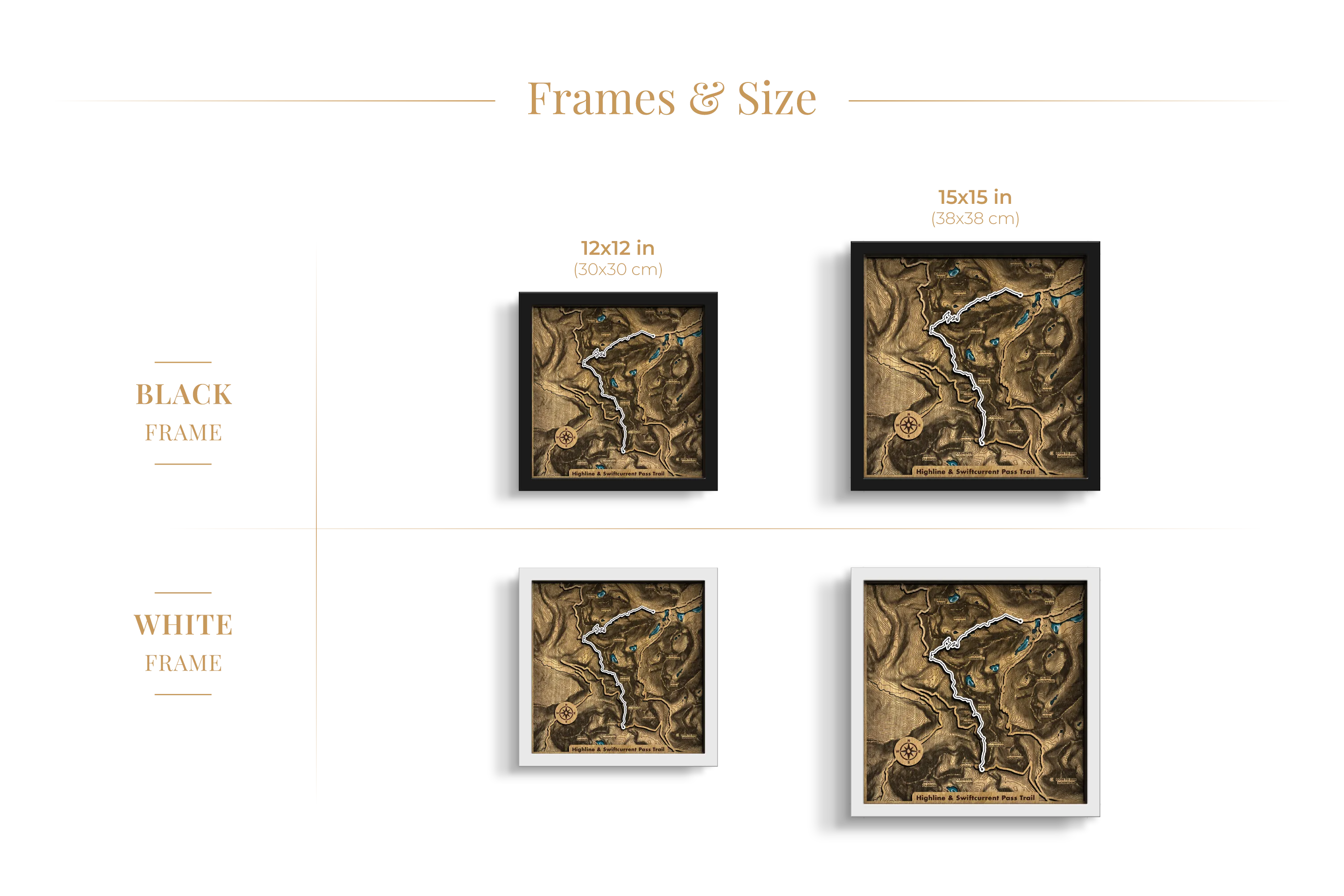 Custom Hiking Trail wooden wall art shown in 8_8, 12_12 and 15_15 inch sizes with black and white frames.