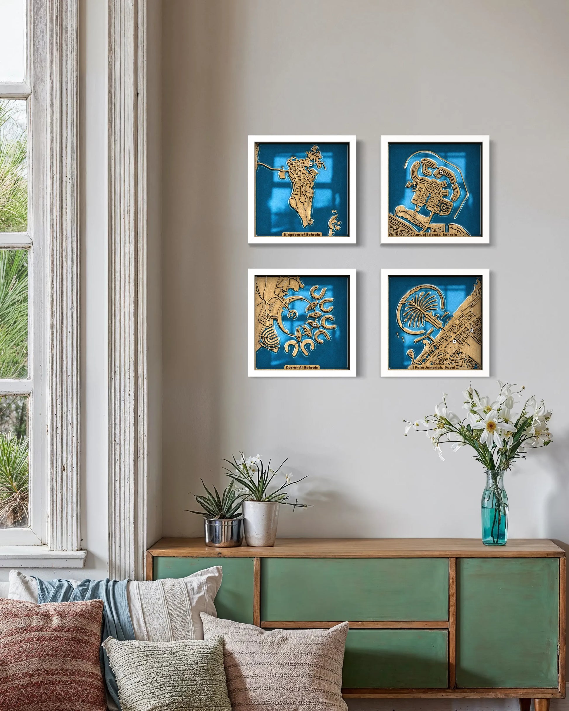 Handcrafted Custom City Maps wooden wall art displayed in a modern living room.