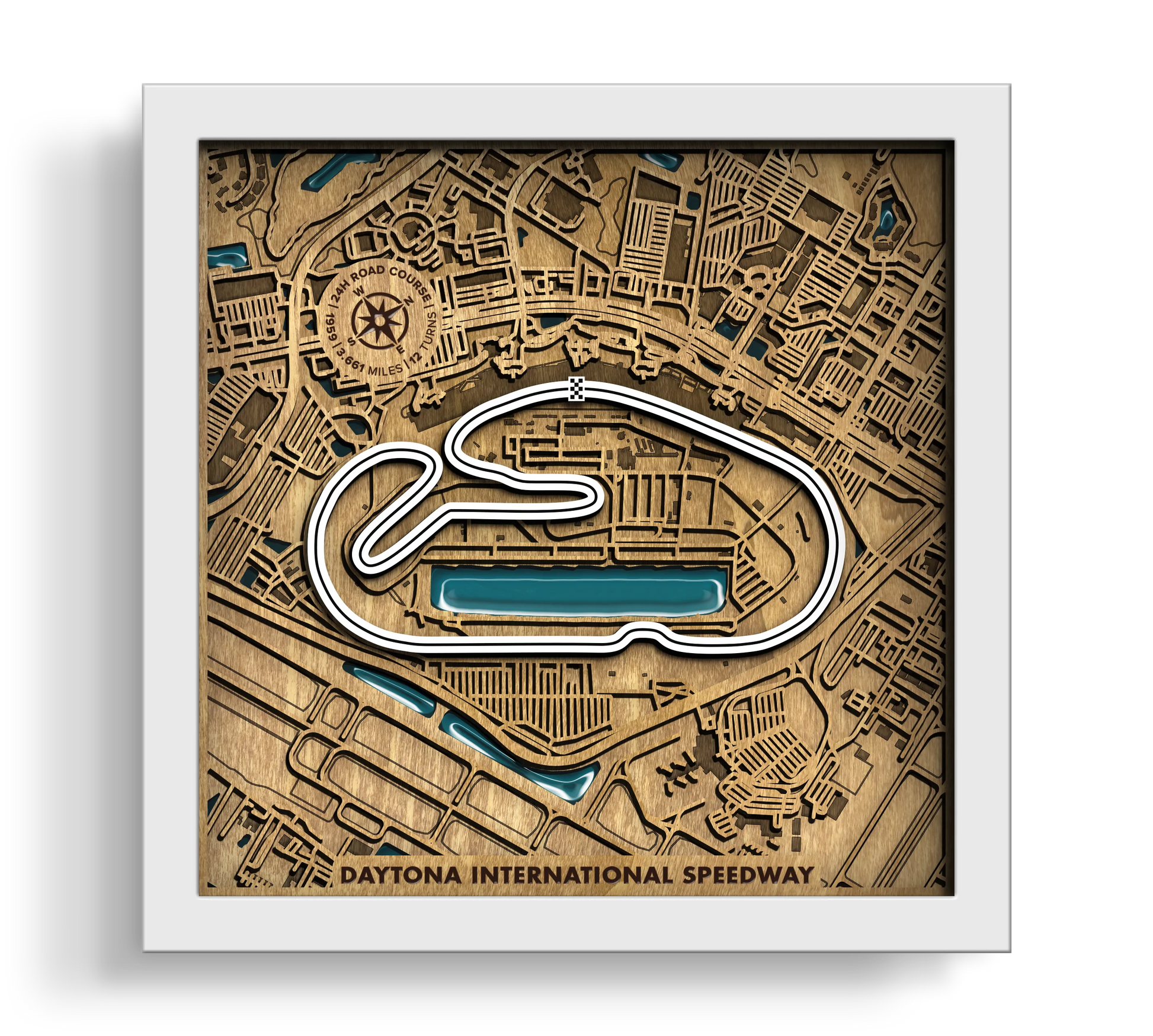 Handcrafted Daytona International Speedway layered wooden racetrack wall art with an epoxy resin finish in a white frame.