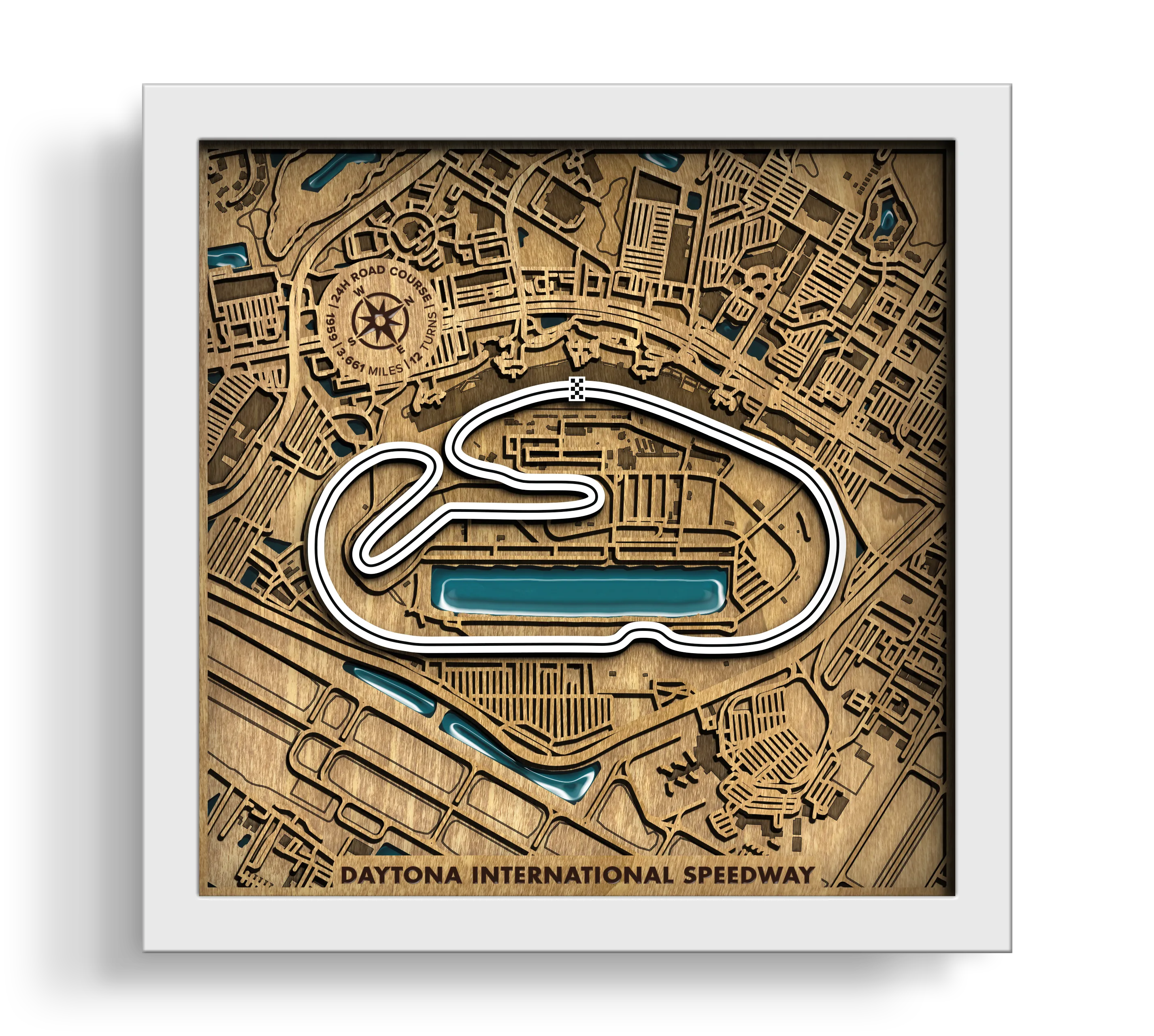 Handcrafted Daytona International Speedway layered wooden racetrack wall art with an epoxy resin finish in a white frame.