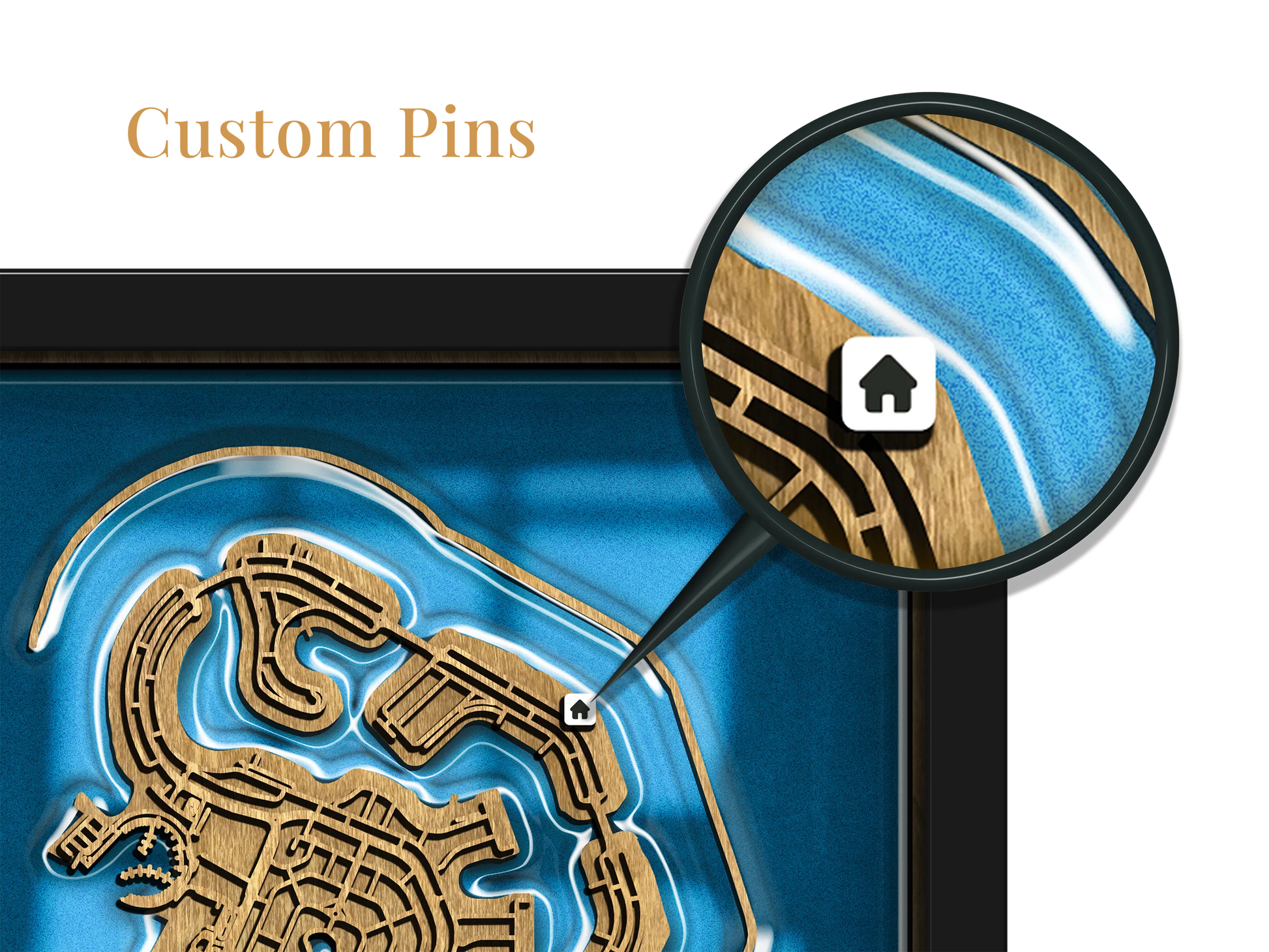 Close-up of the layered wood construction and precision laser engraving for custom pin locations.
